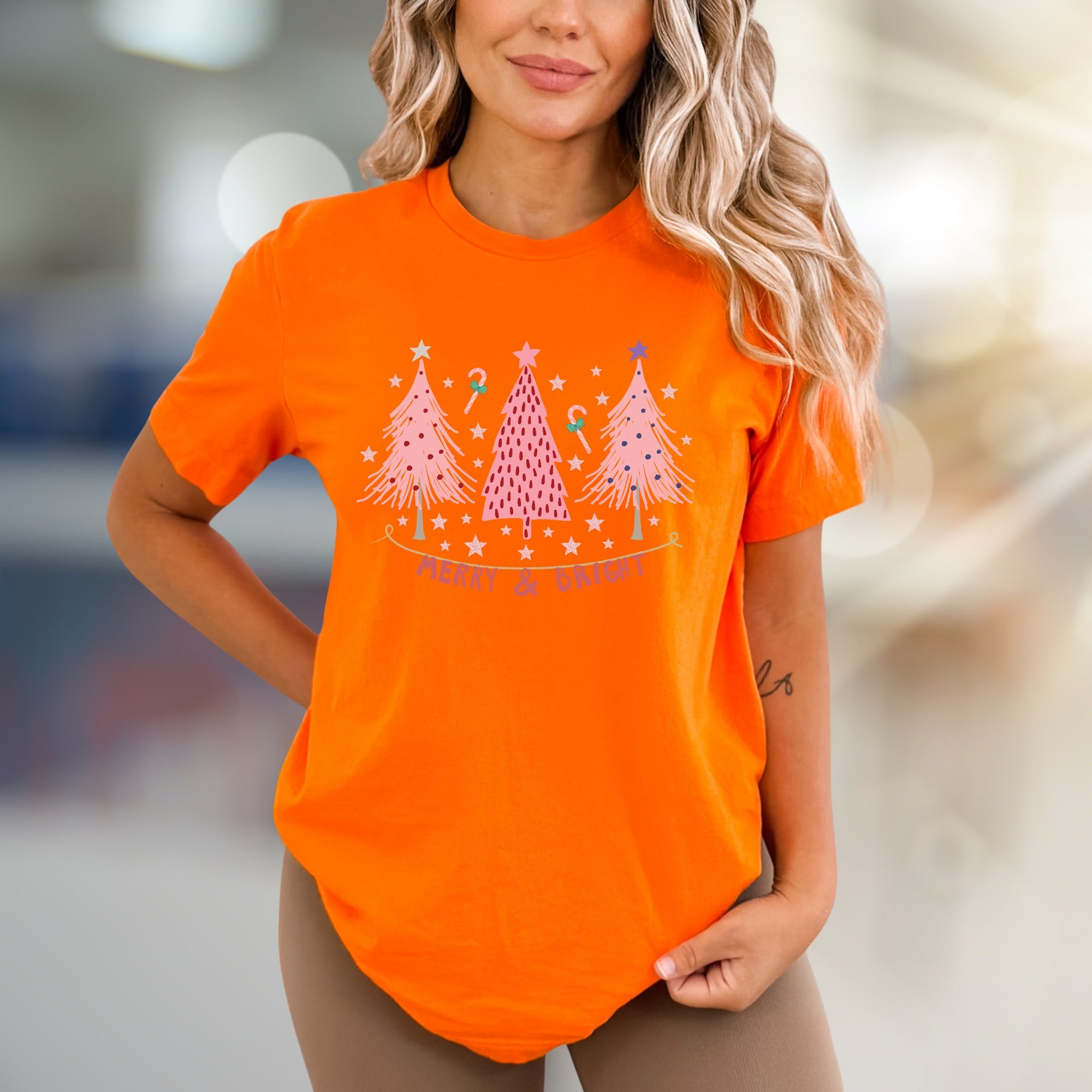 "Merry & Bright" Festive Christmas Trees Graphic Tee, a Whimsical Pick for Holiday Enthusiasts