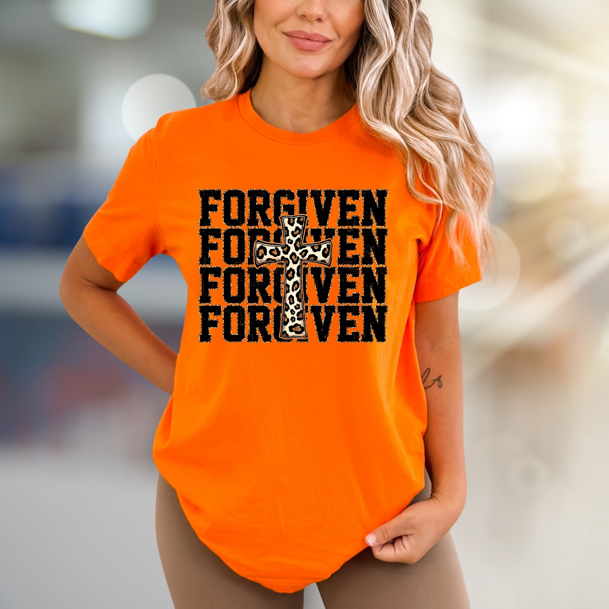 "FORGIVEN" Leopard Cross Graphic Tee, a Faith-Inspired Statement for Believers