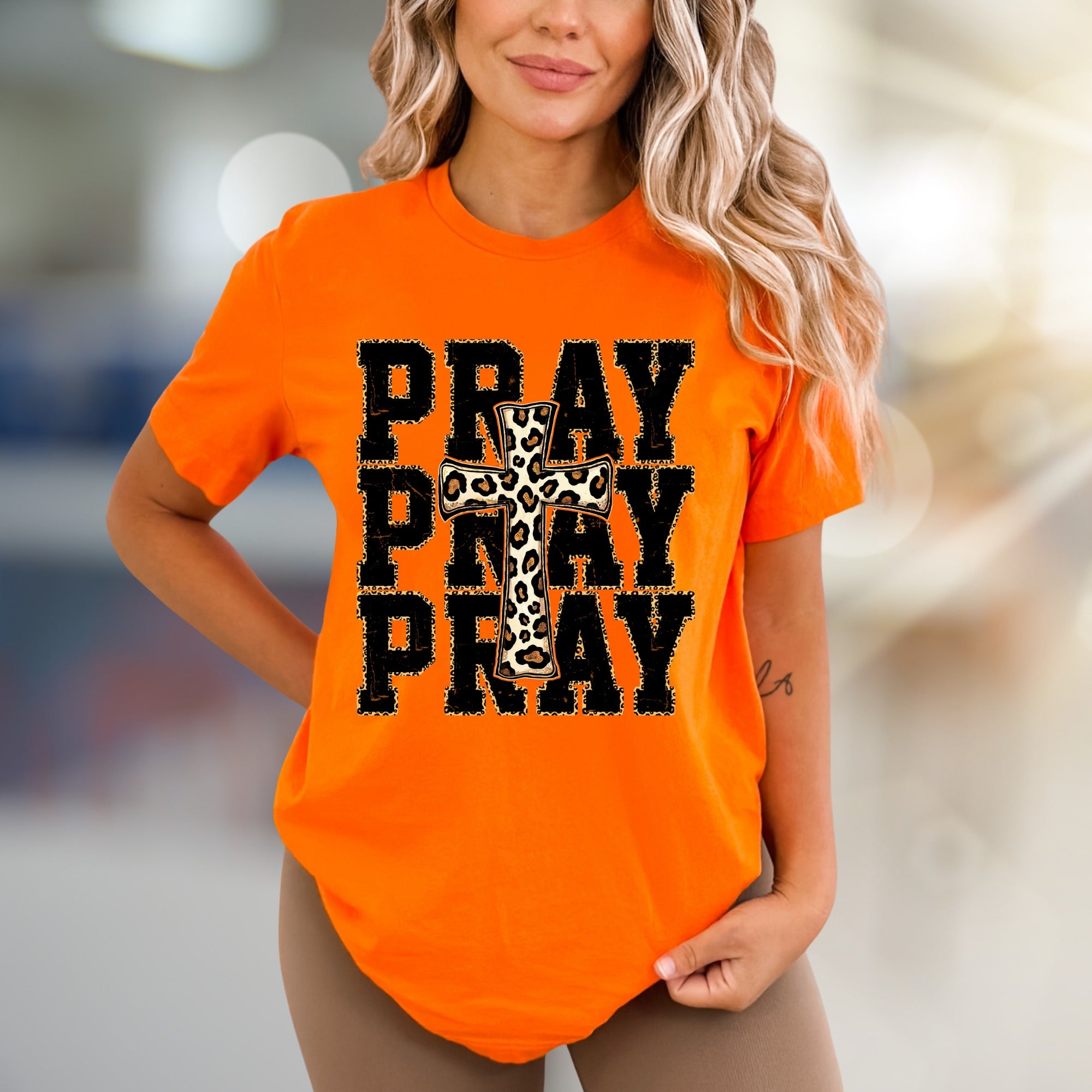 "PRAY" Leopard Print Cross Graphic Tee, a Faith-Inspired Western Pick for Her