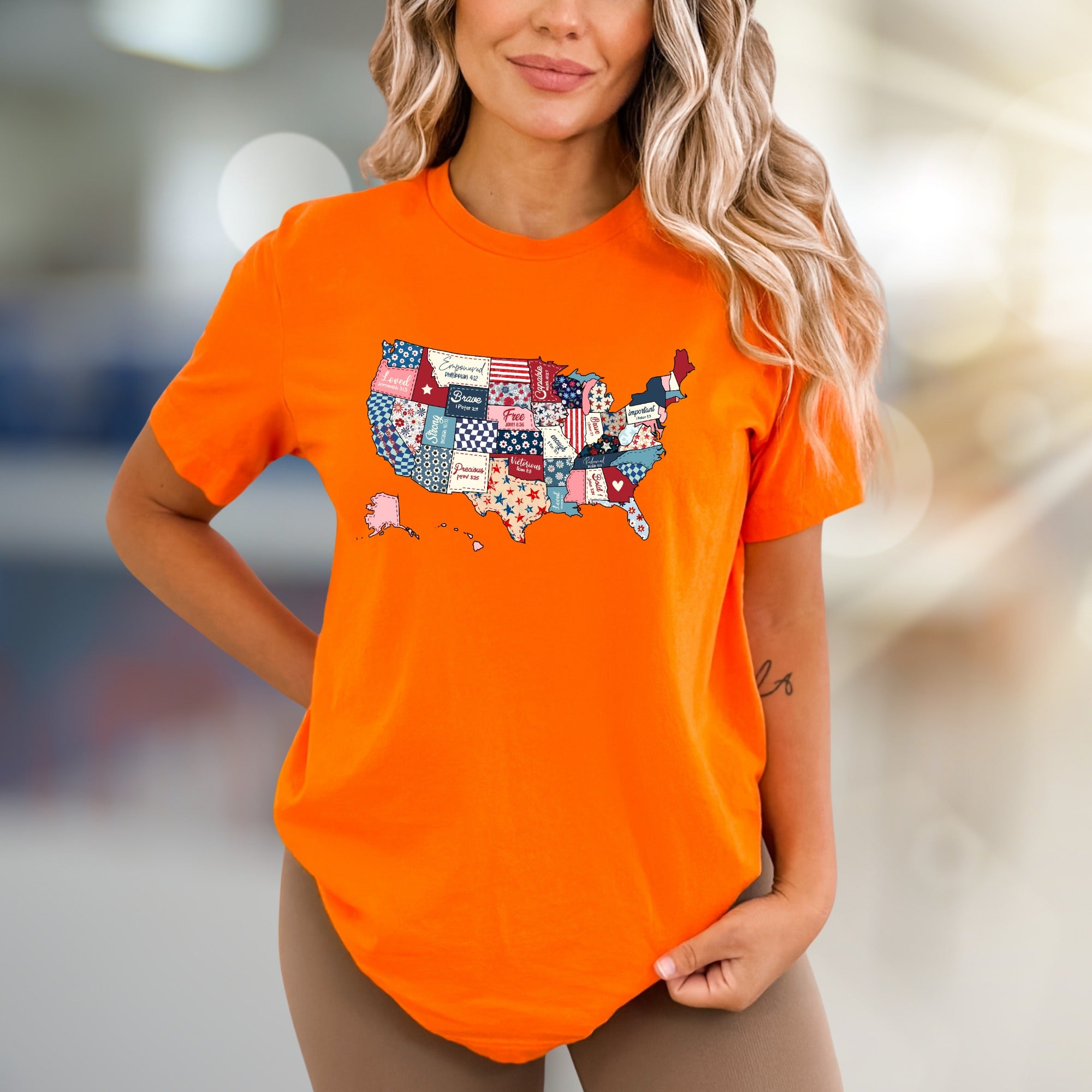 "Loved. Empowered. Brave." Christian Patchwork USA Graphic Tee, a Faith-Inspired Pick for Believers