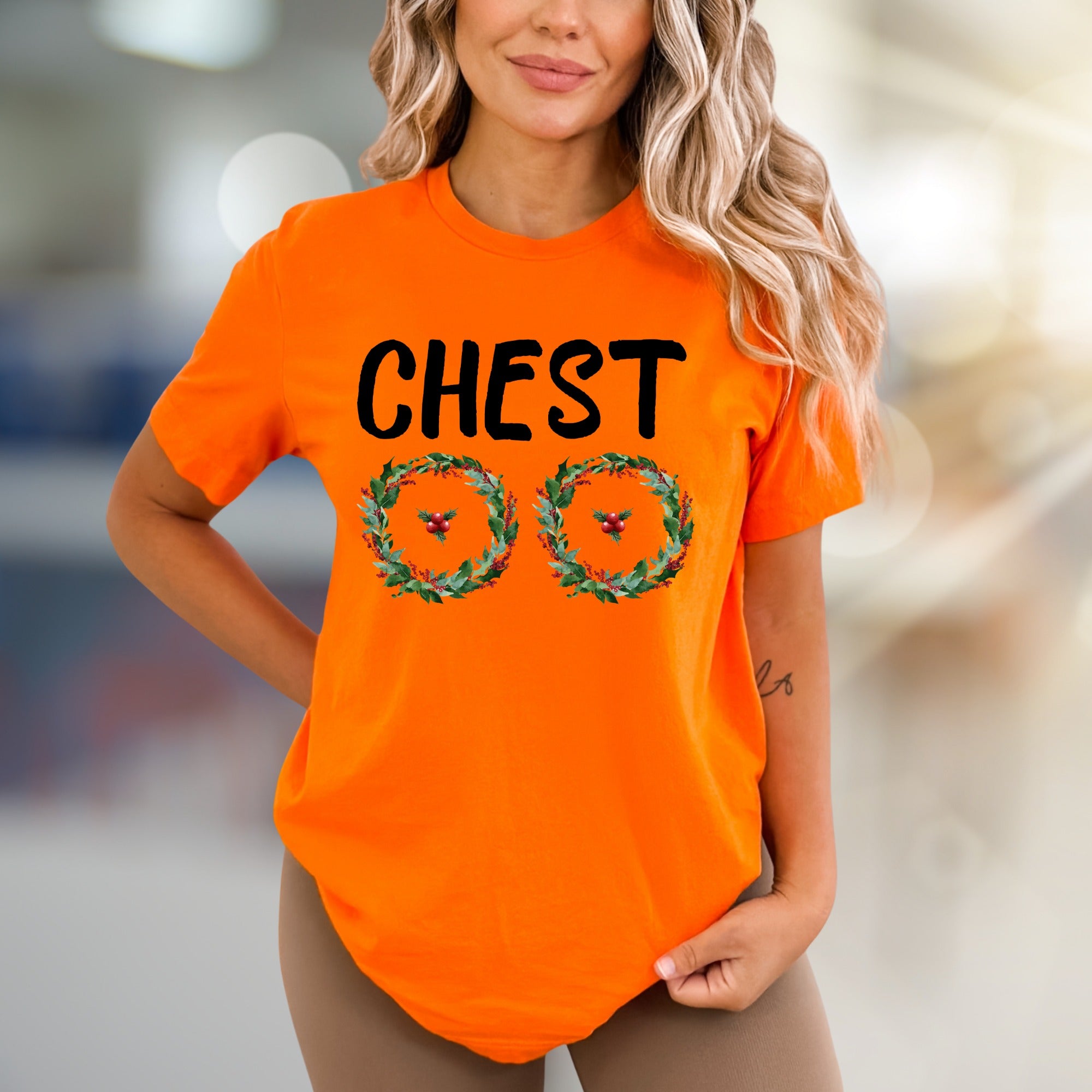 "CHEST" Holiday Wreaths Graphic Tee, a Festive Fun Pick for Christmas Parties