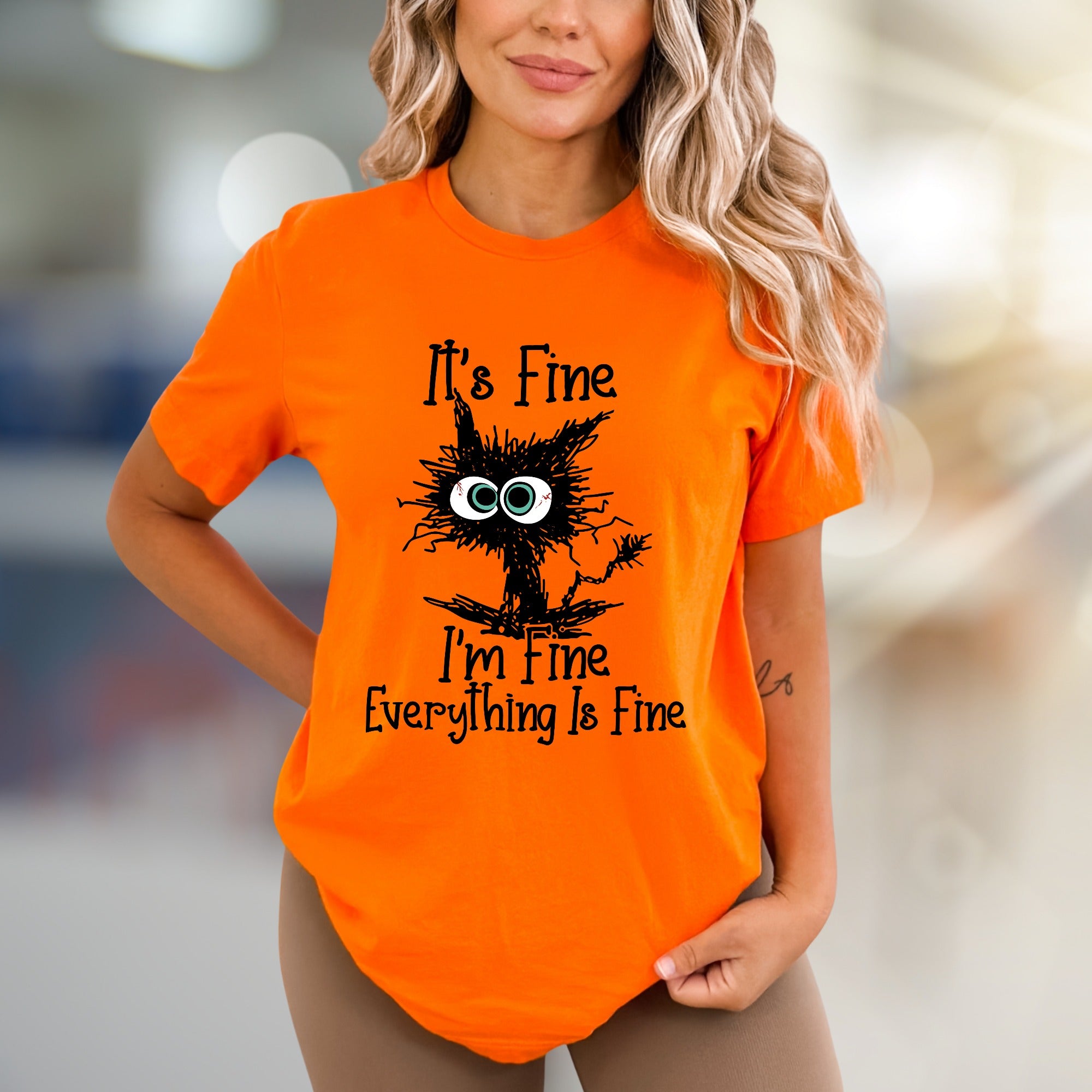 "It's Fine I'm Fine Everything Is Fine" Funny Cat Graphic Tee, a Witty Pick for Humor Lovers