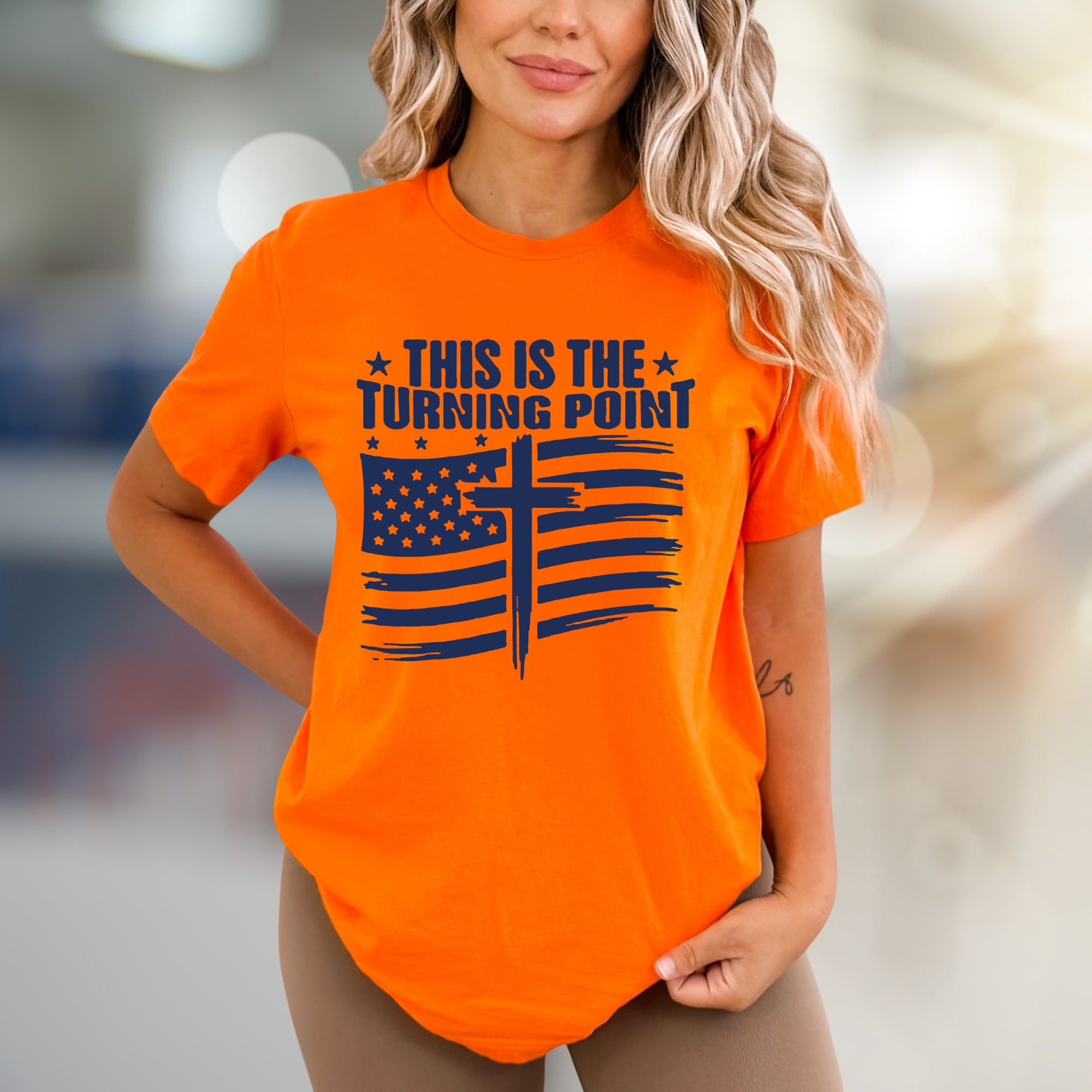 "THIS IS THE TURNING POINT" American Flag Cross Graphic Tee, a Faith-Inspired Statement