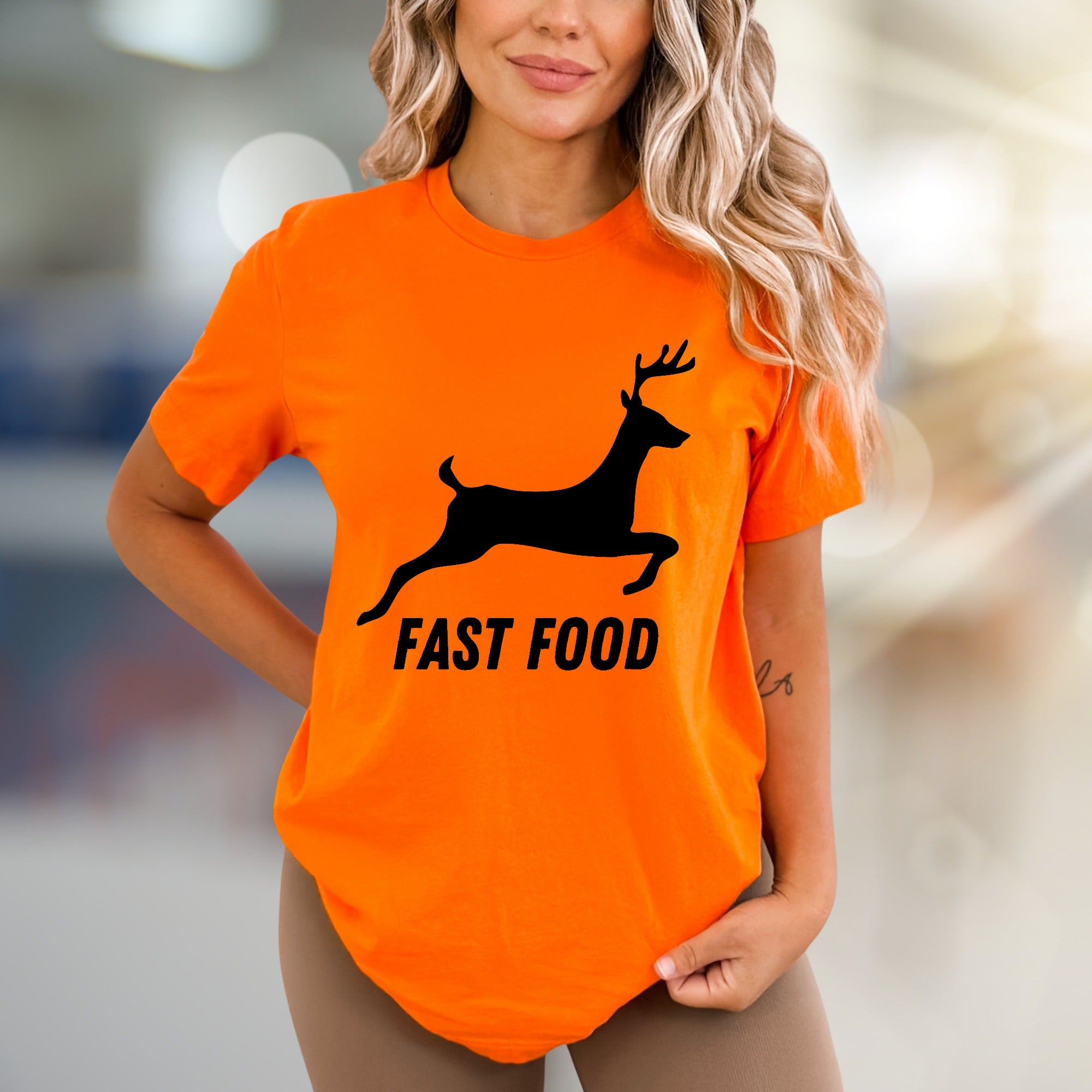 "Fast Food" Hunter Deer Graphic Tee, a Humorous Outdoorsy Pick for Enthusiasts