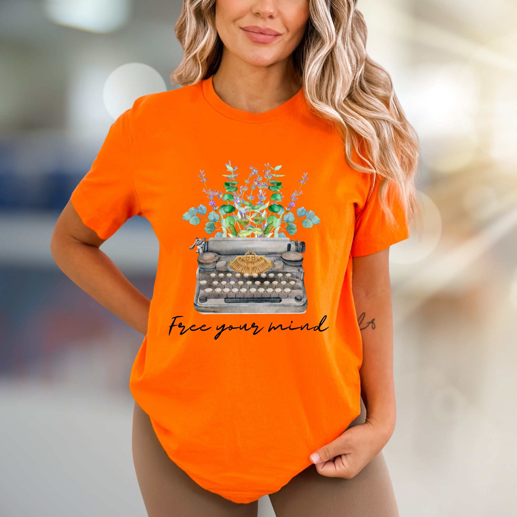 "Free Your Mind" Typewriter Floral Graphic Tee, a Creative Expression Unisex Tee