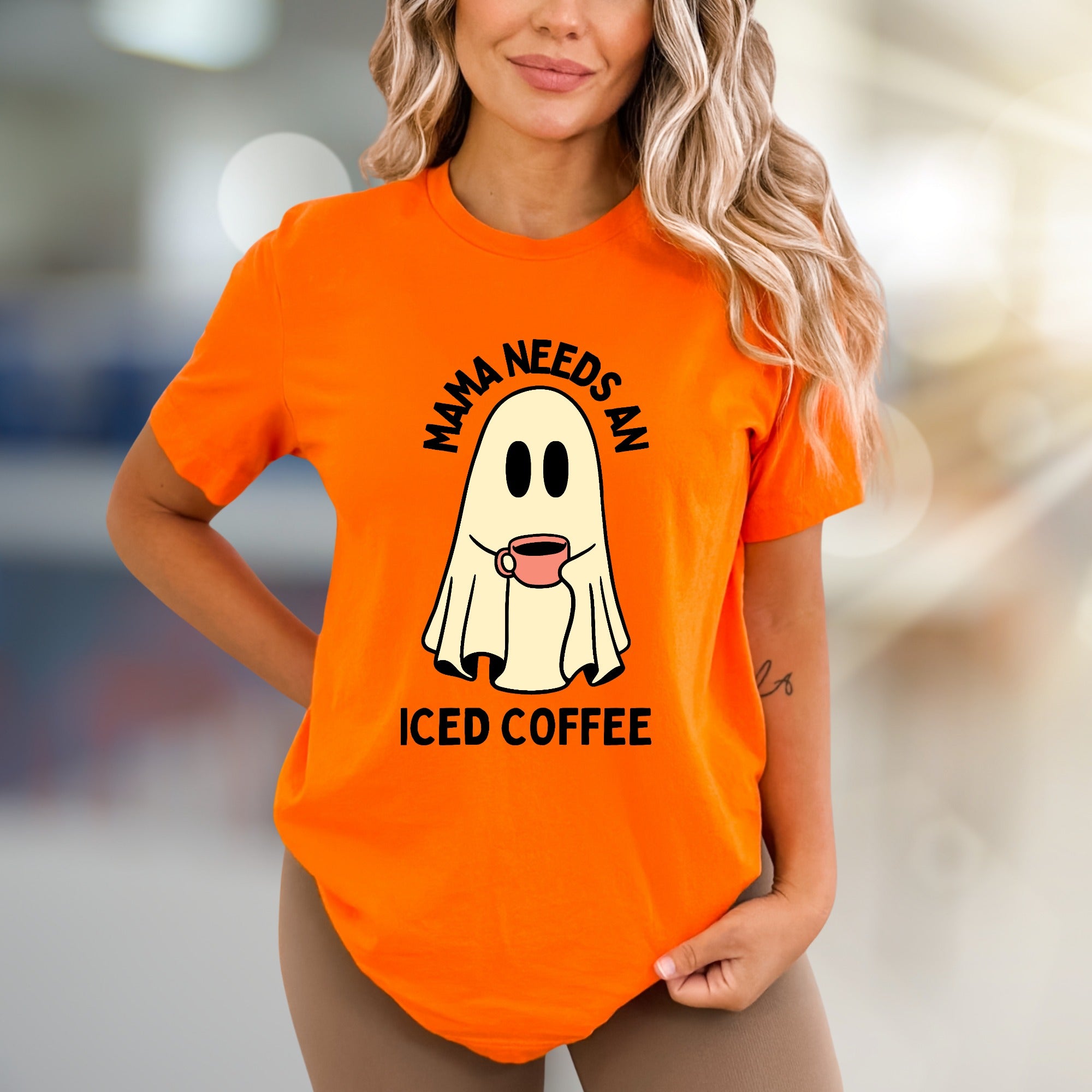 "Mama Needs An Iced Coffee" Spooky Coffee Lover Graphic Tee, a Humorous Mom Pick for Everyday Comfort