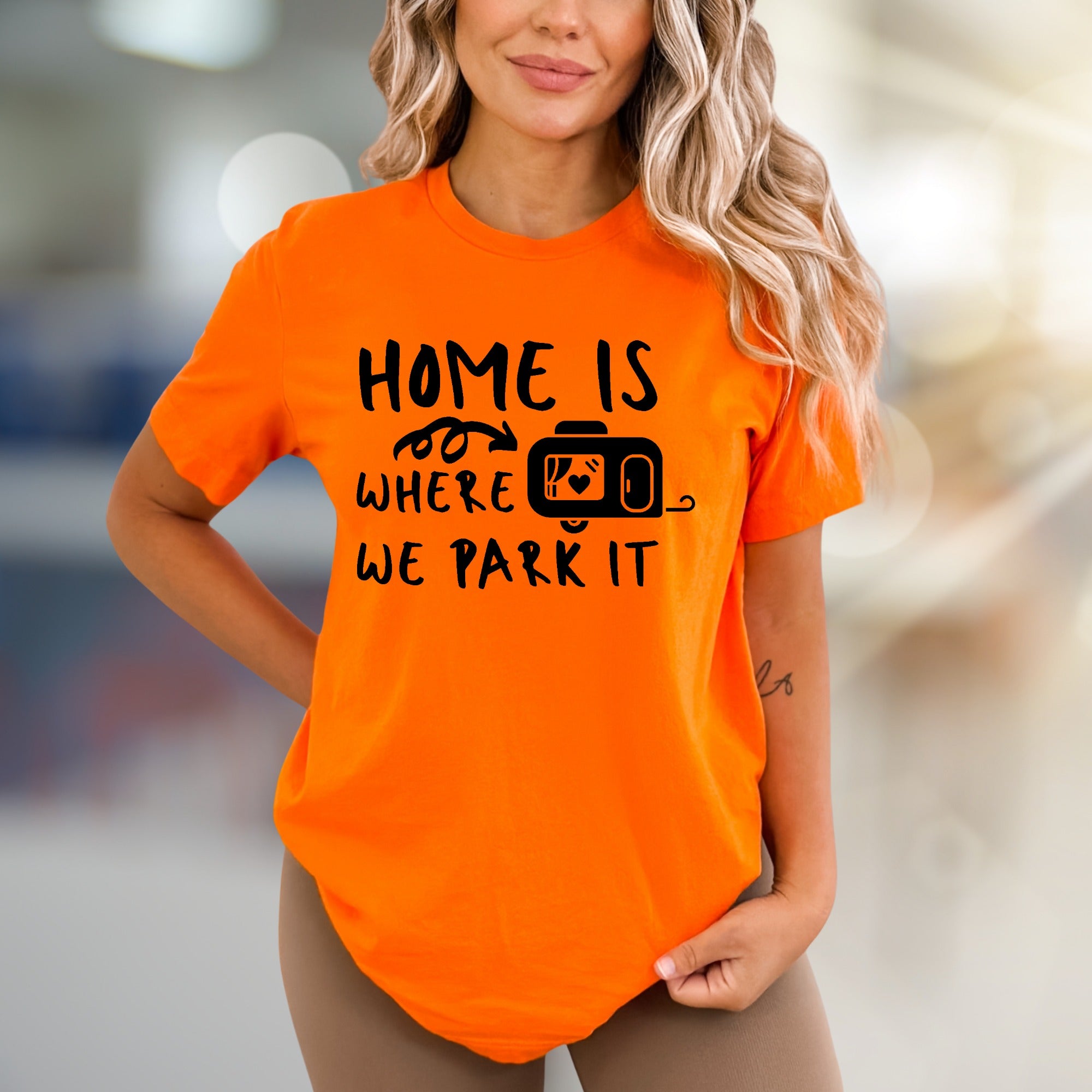 "HOME IS WHERE WE PARK IT" Camper Graphic Tee, A Laid-Back Travel Shirt for RV Lovers