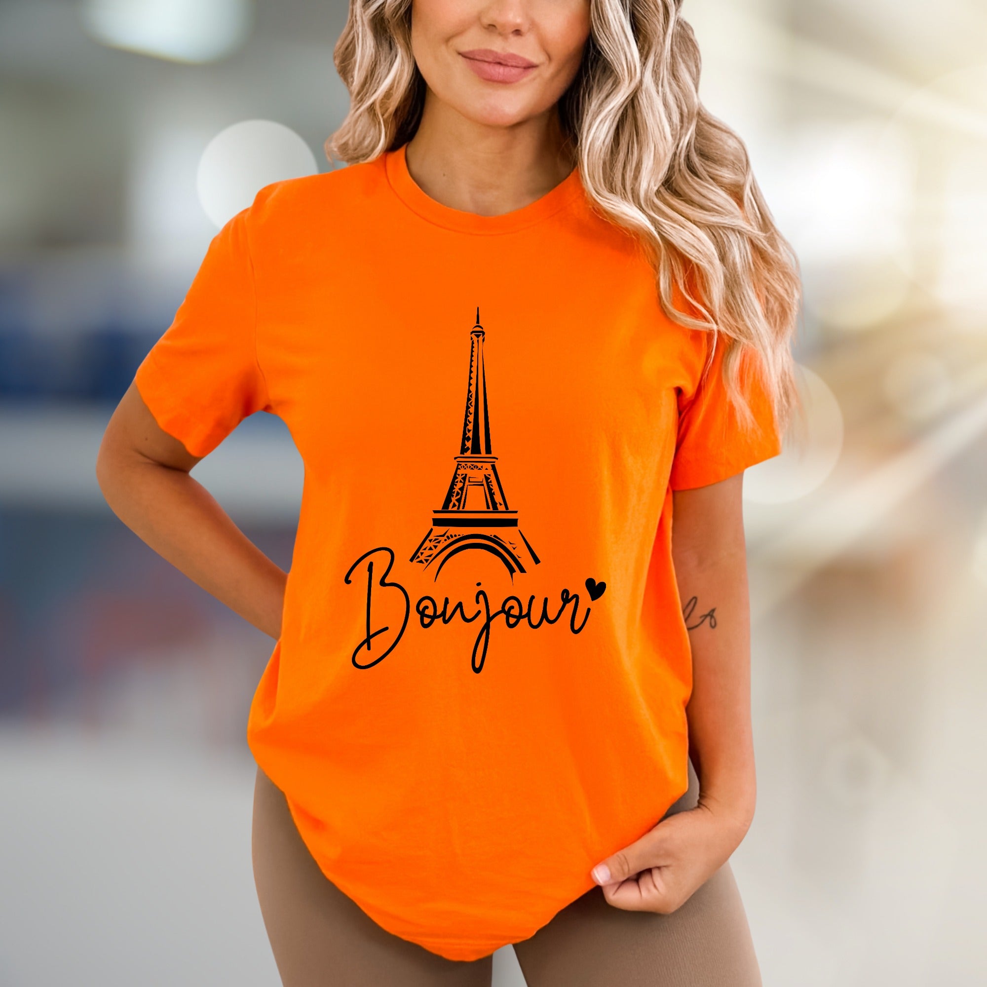 "Bonjour" Eiffel Tower Graphic Tee, a Parisian Chic Pick for Travelers