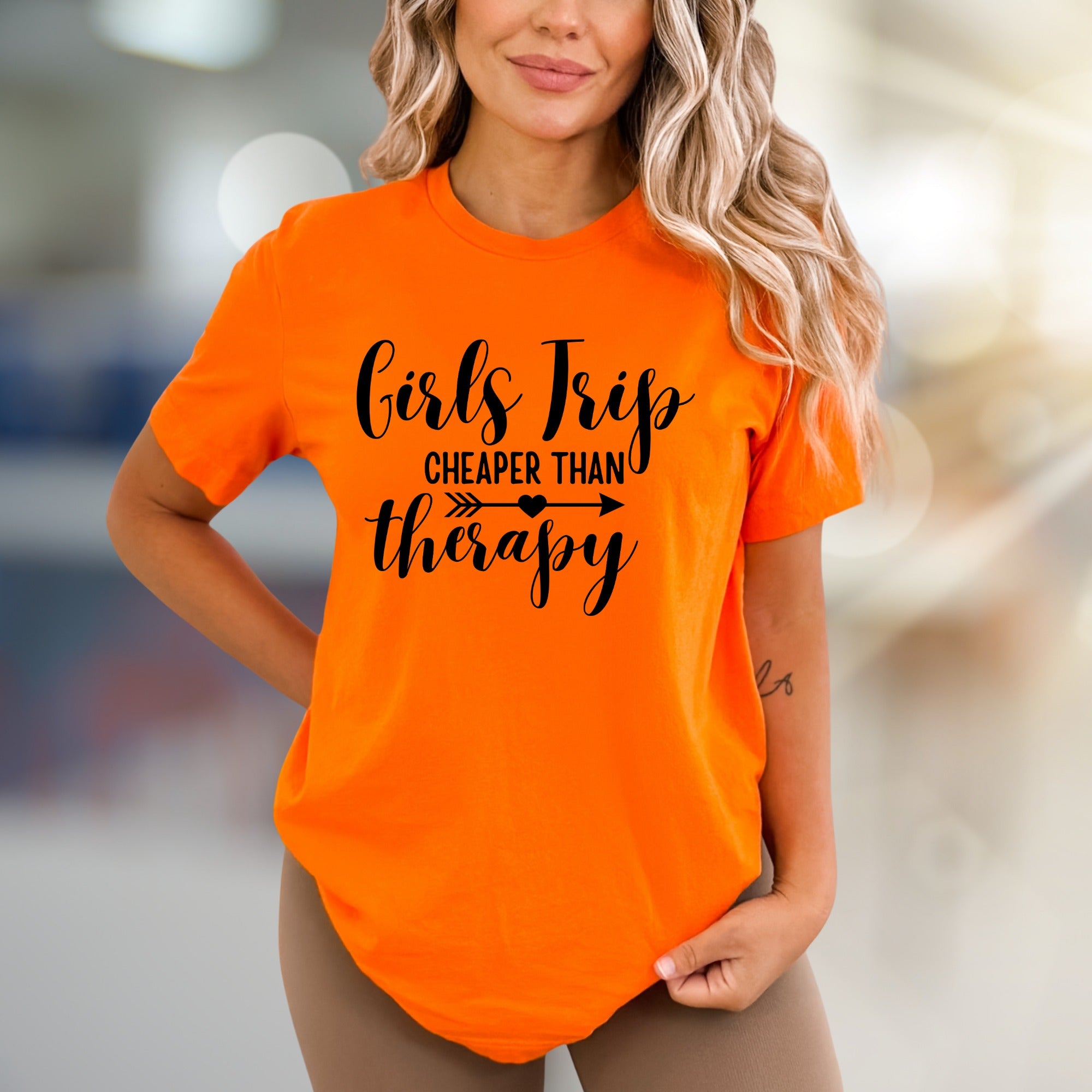 "Girls Trip Cheaper Than Therapy" Fun Graphic Tee, a Vacation Humor Pick for Friends