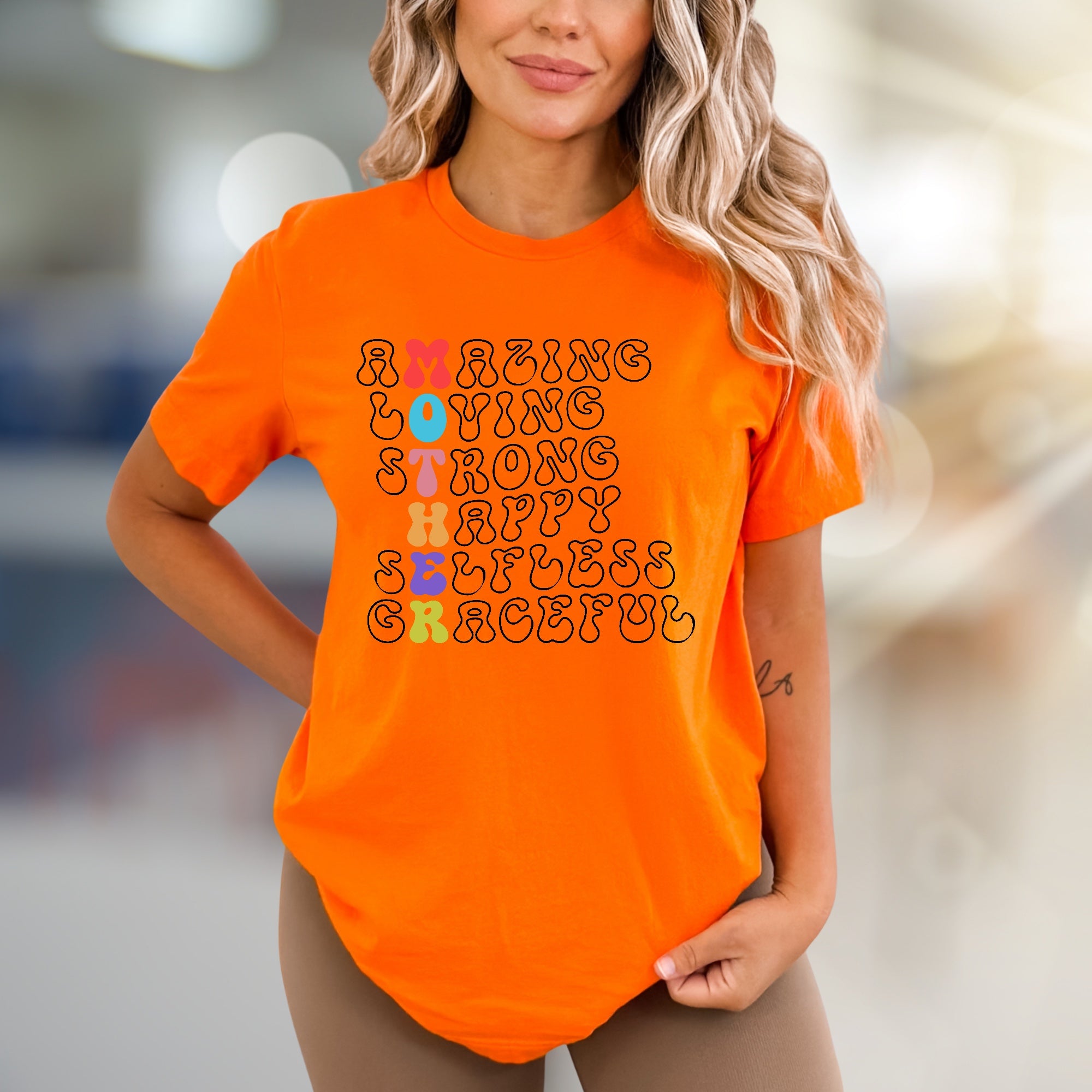 "Amazing Loving Strong Happy Selfless Graceful" Motherhood Graphic Tee, a Heartfelt Pick for Moms