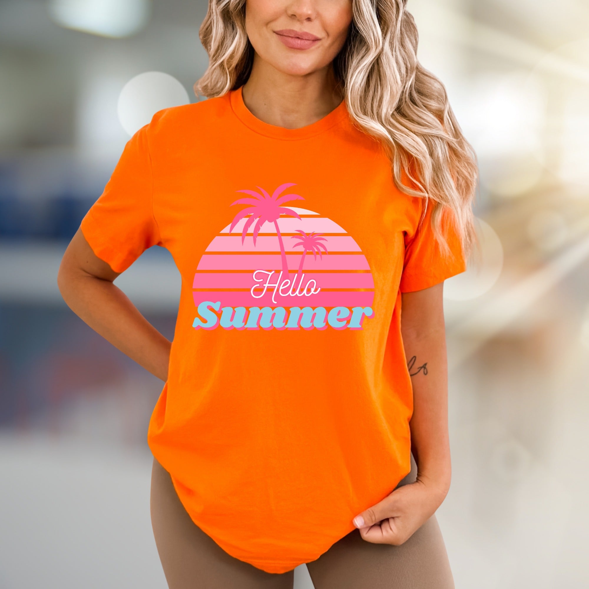 "Hello Summer" Tropical Sunset Graphic Tee, a Vacation Vibes Pick for Beach Lovers