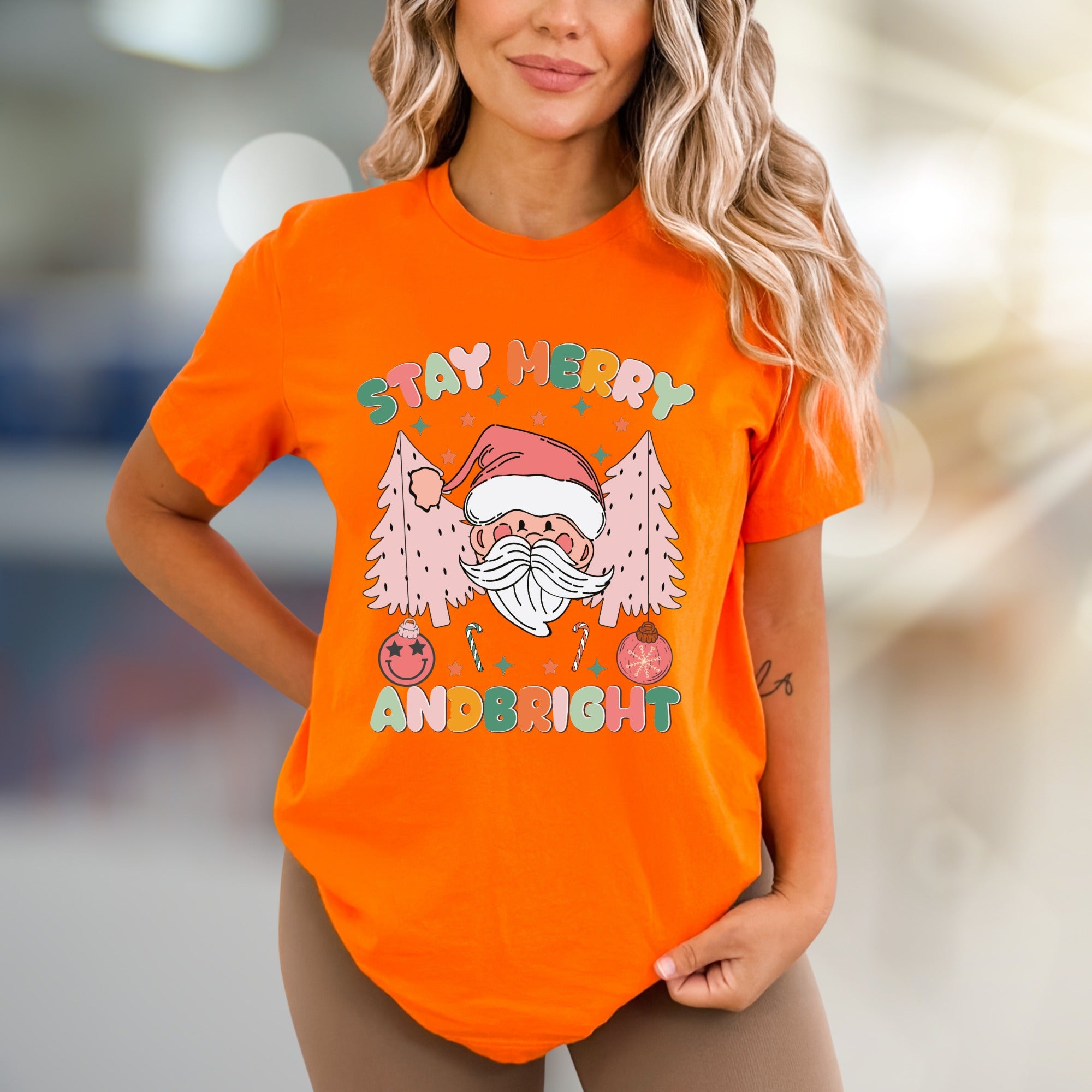 "Stay Merry and Bright" Festive Santa Graphic Tee, a Whimsical Holiday Pick for Everyone