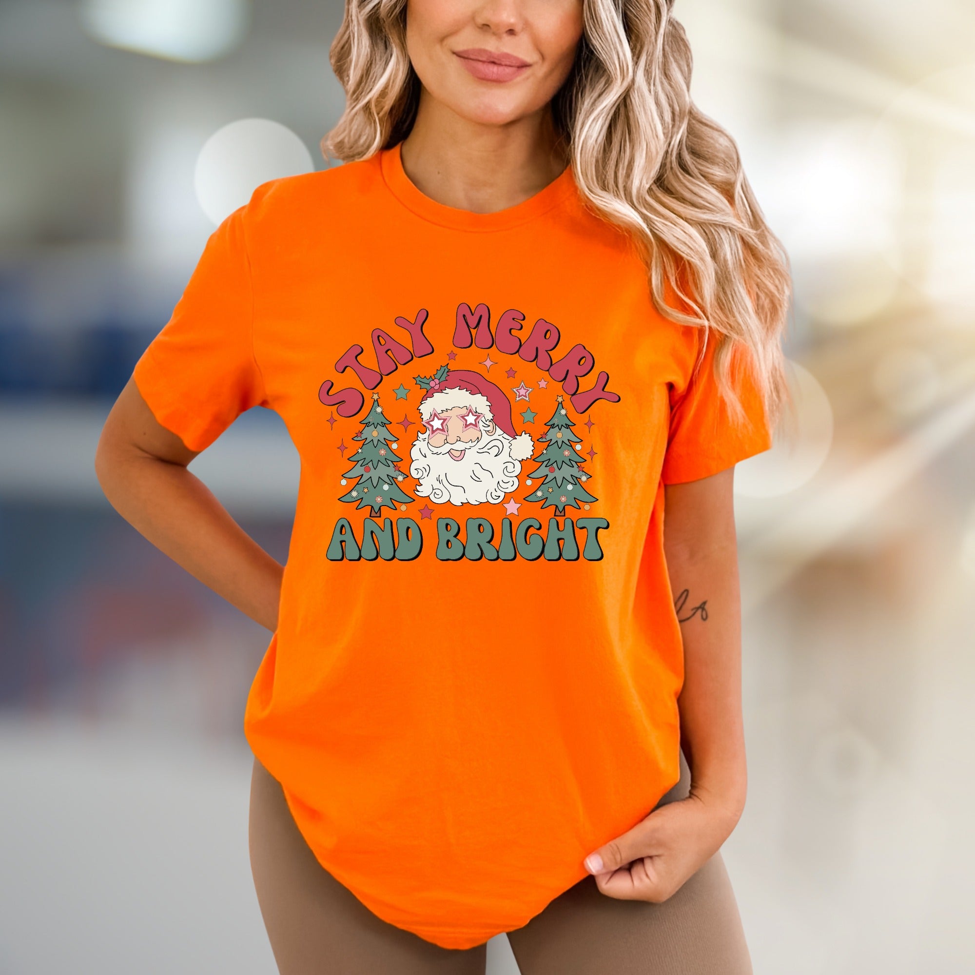 "Stay Merry and Bright" Festive Santa Graphic Tee, a Retro Christmas Pick for Holiday Lovers