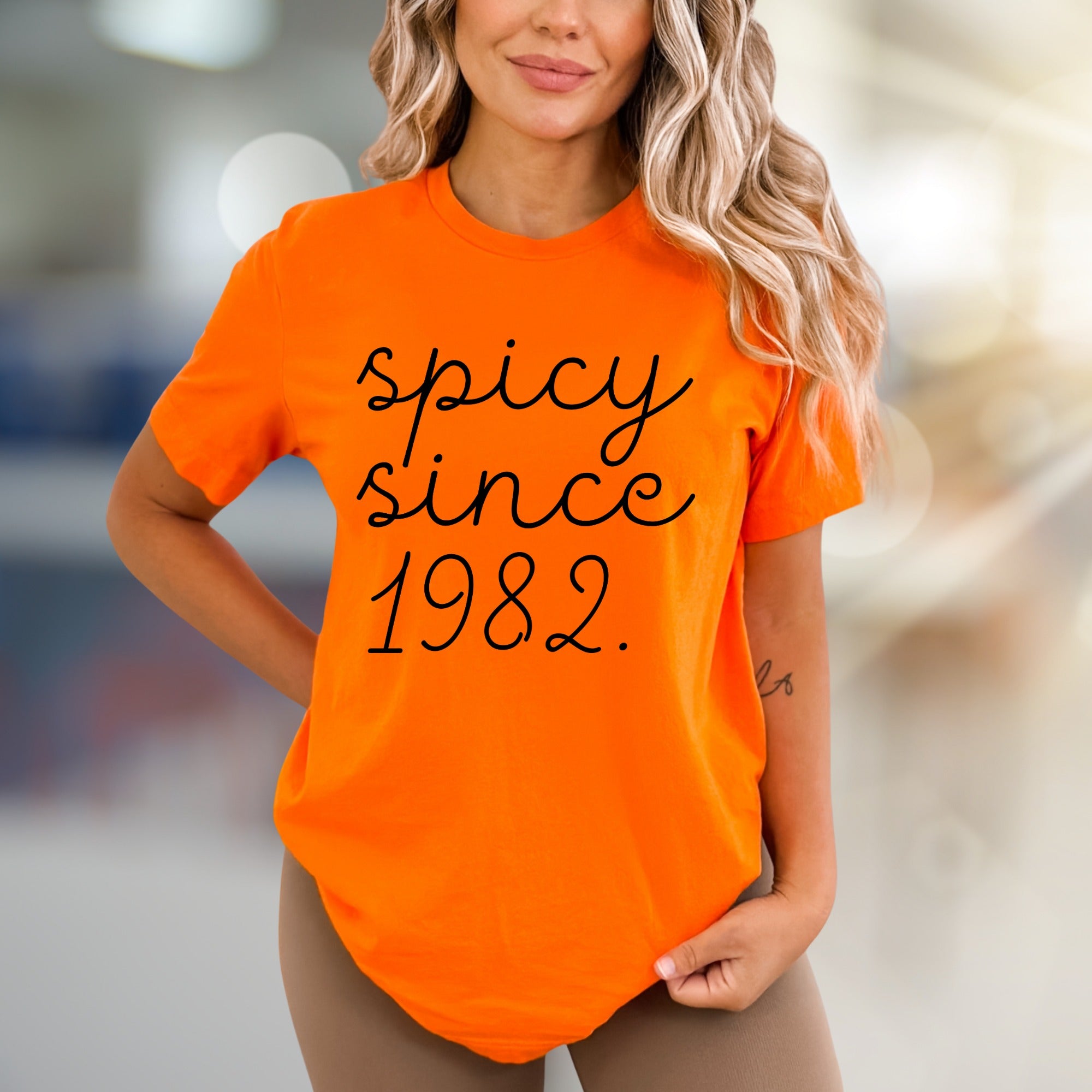 "Spicy Since 1982" Retro Birthday Graphic Tee, a Bold Statement for Her