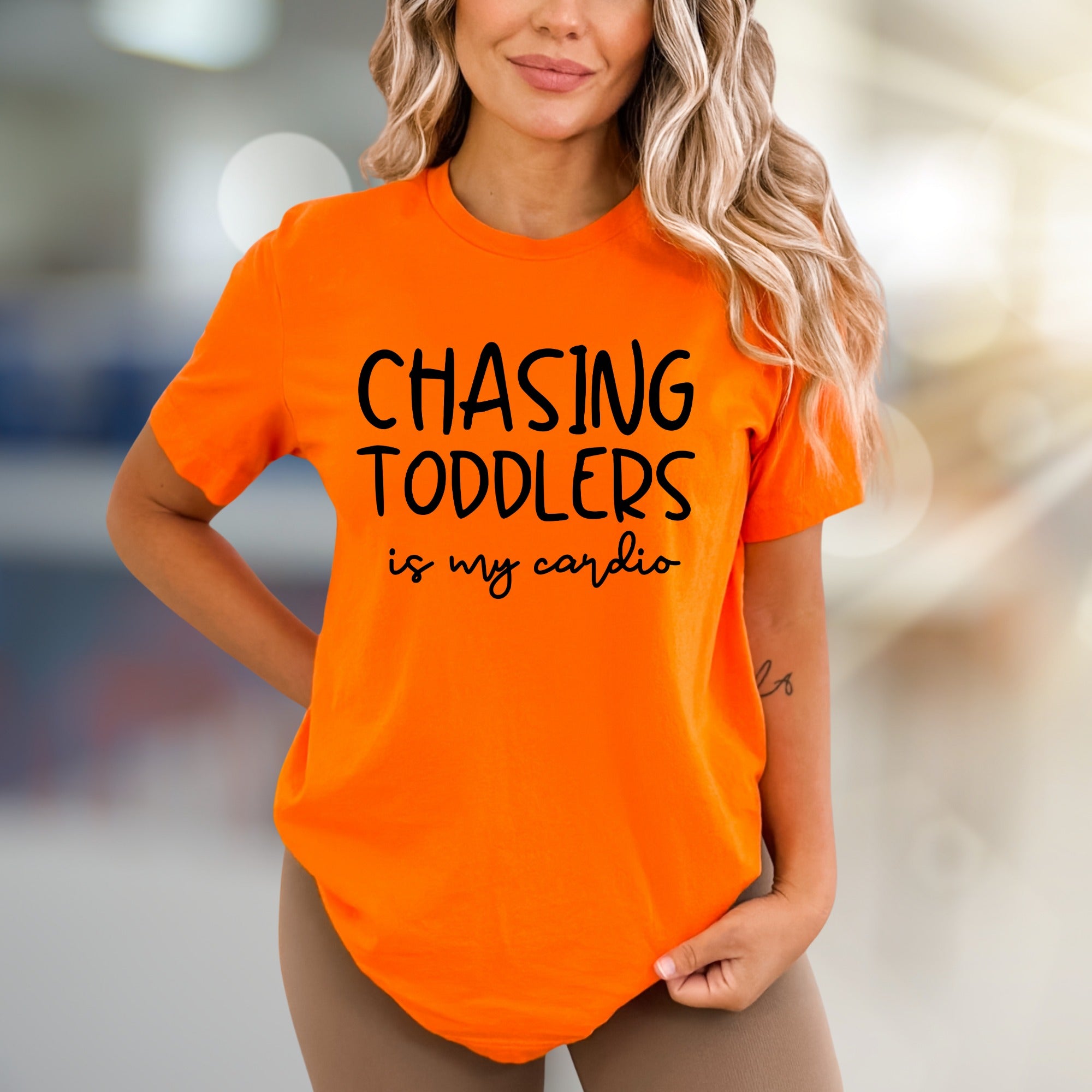 "Chasing Toddlers Is My Cardio" Parent Life Graphic Tee, a Humorous Pick for Moms & Dads