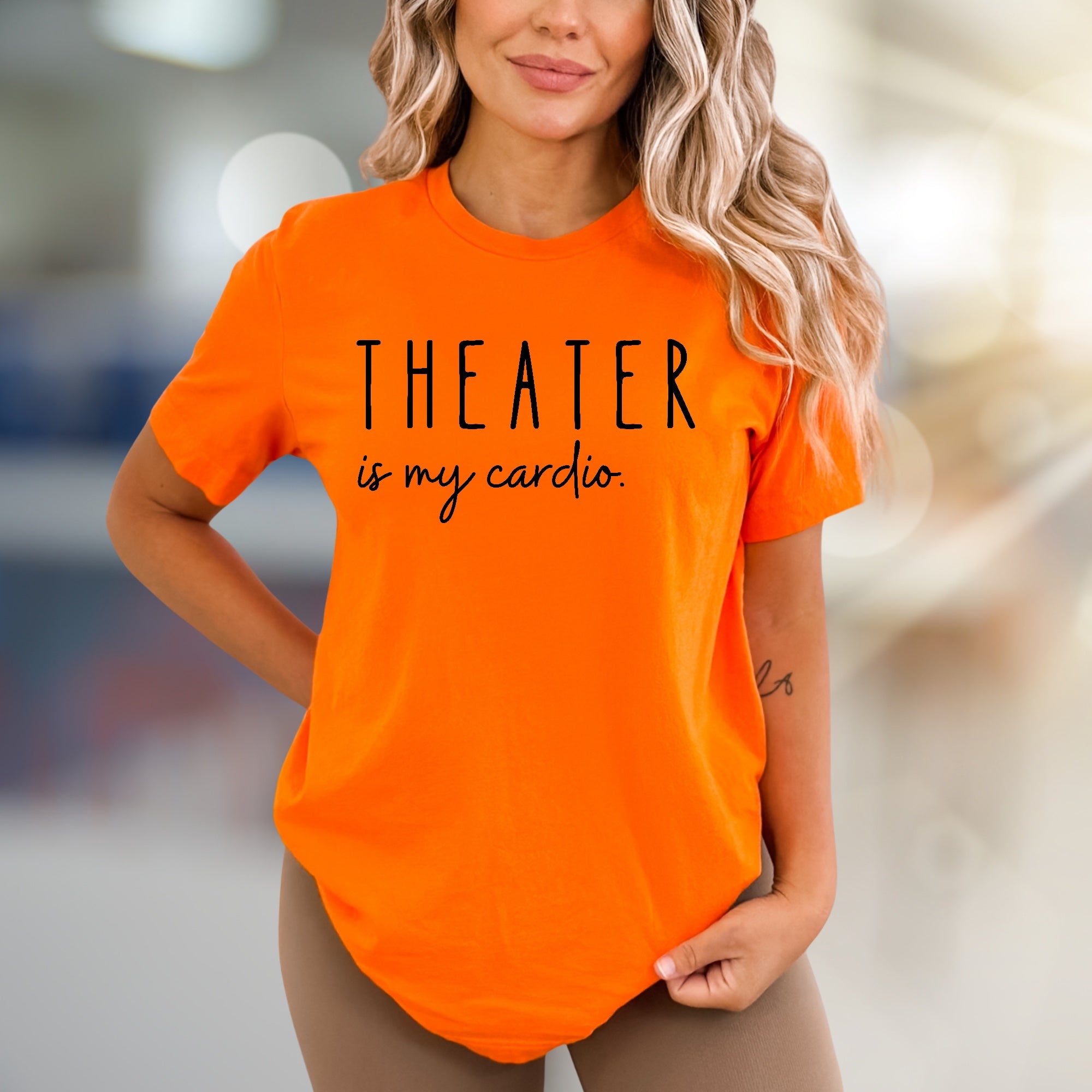 "THEATER is my cardio." Playful Script Graphic Tee, a Broadway Lover's Statement