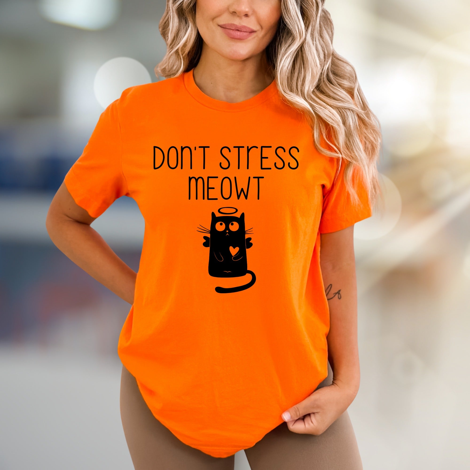 "Don't Stress Meowt" Angel Cat Graphic Tee, a Whimsical Pick for Cat Lovers