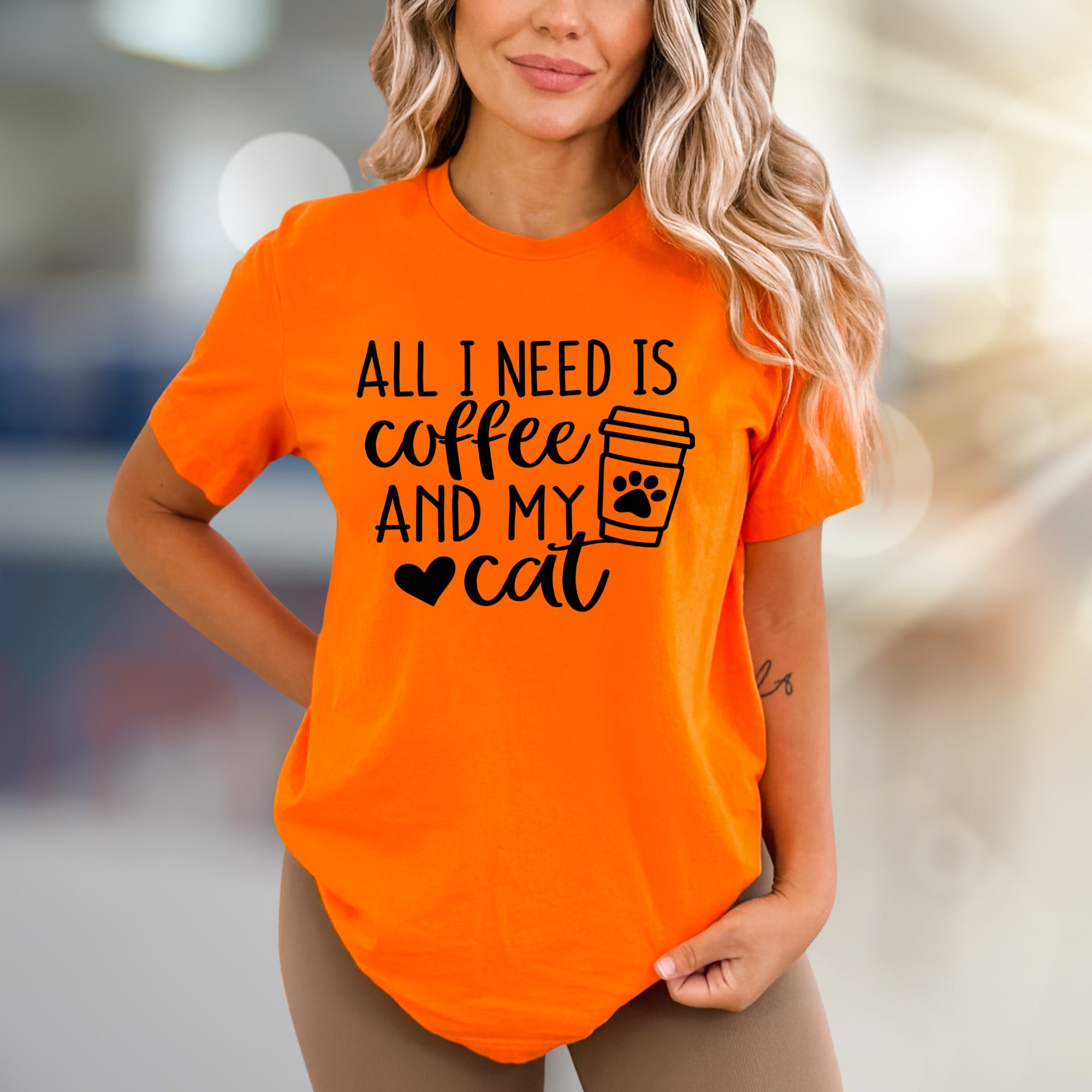 "All I Need is Coffee and My Cat" Cute Coffee Lover Graphic Tee, a Pet-Themed Pick for Daily Wear
