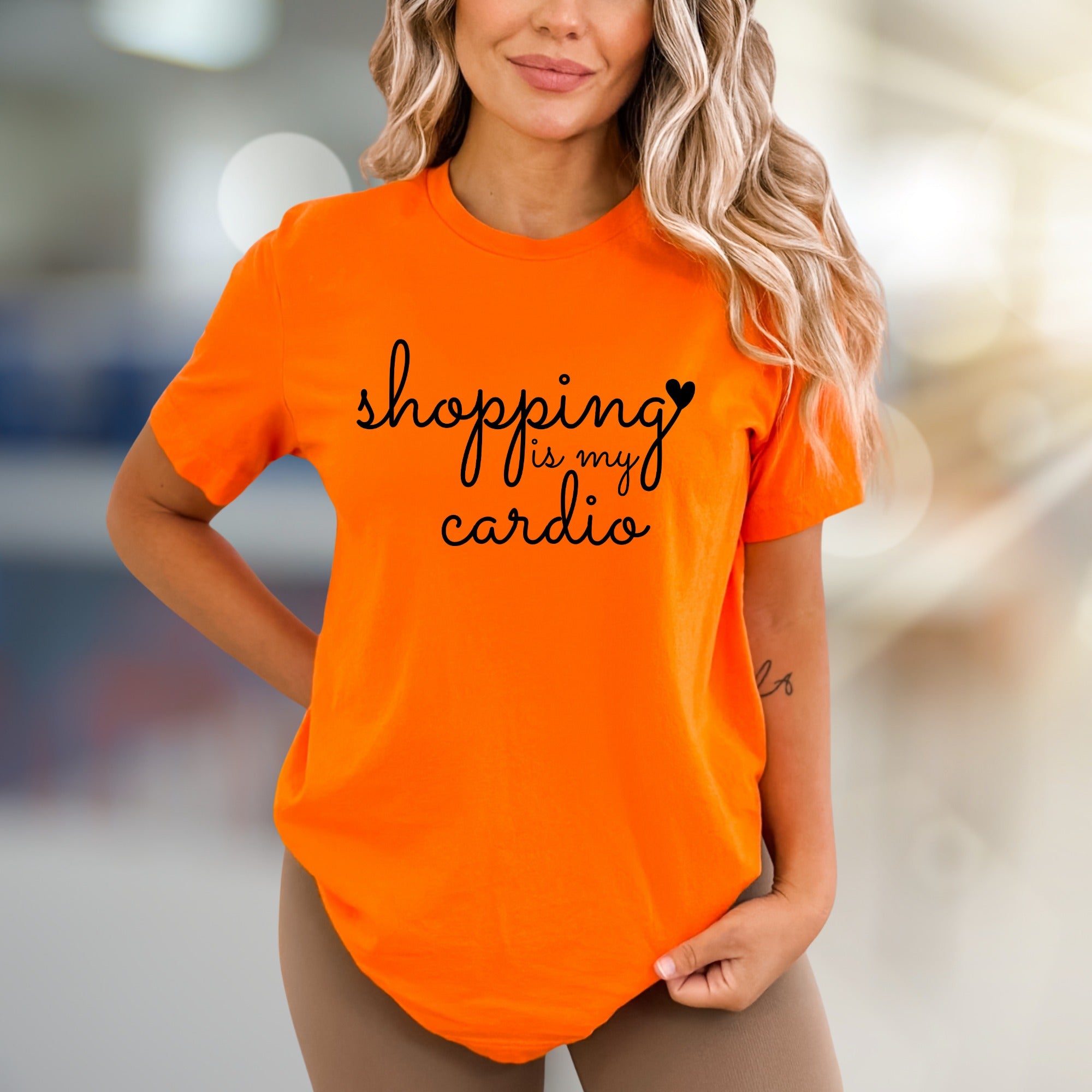 "Shopping is My Cardio" Script Graphic Tee, a Humorous Pick for Fashionistas