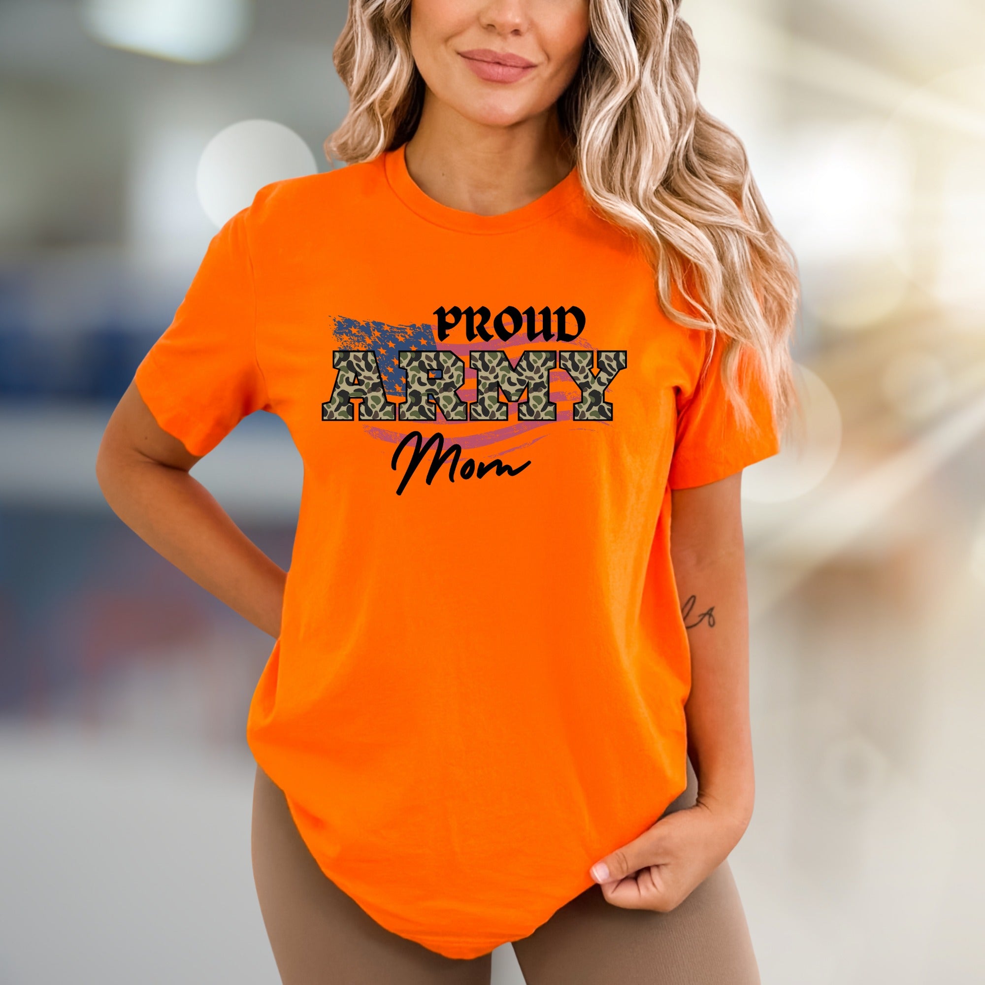 "Proud Army Mom" Flag Camo Graphic Tee, a Patriotic Pick for Military Families