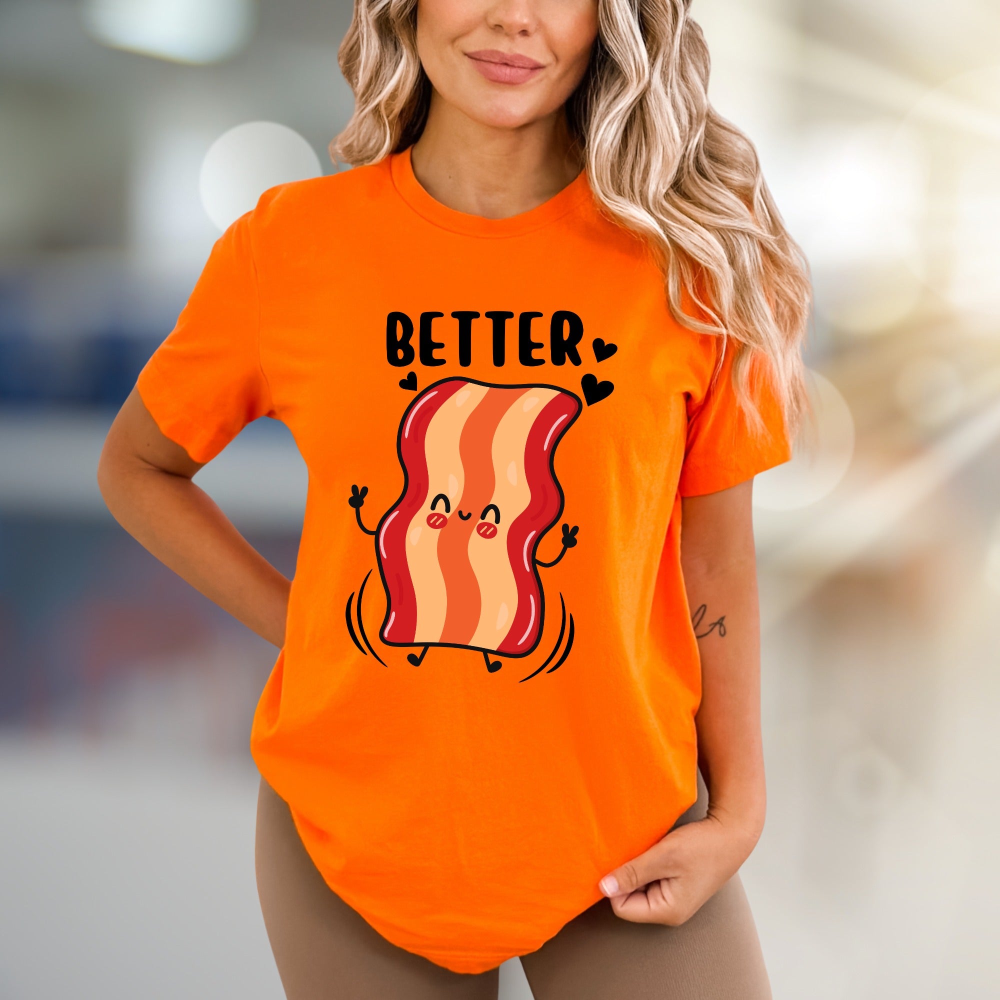 "BETTER" Cute Bacon Jumping Graphic Tee, a Fun Foodie Pick for Couples