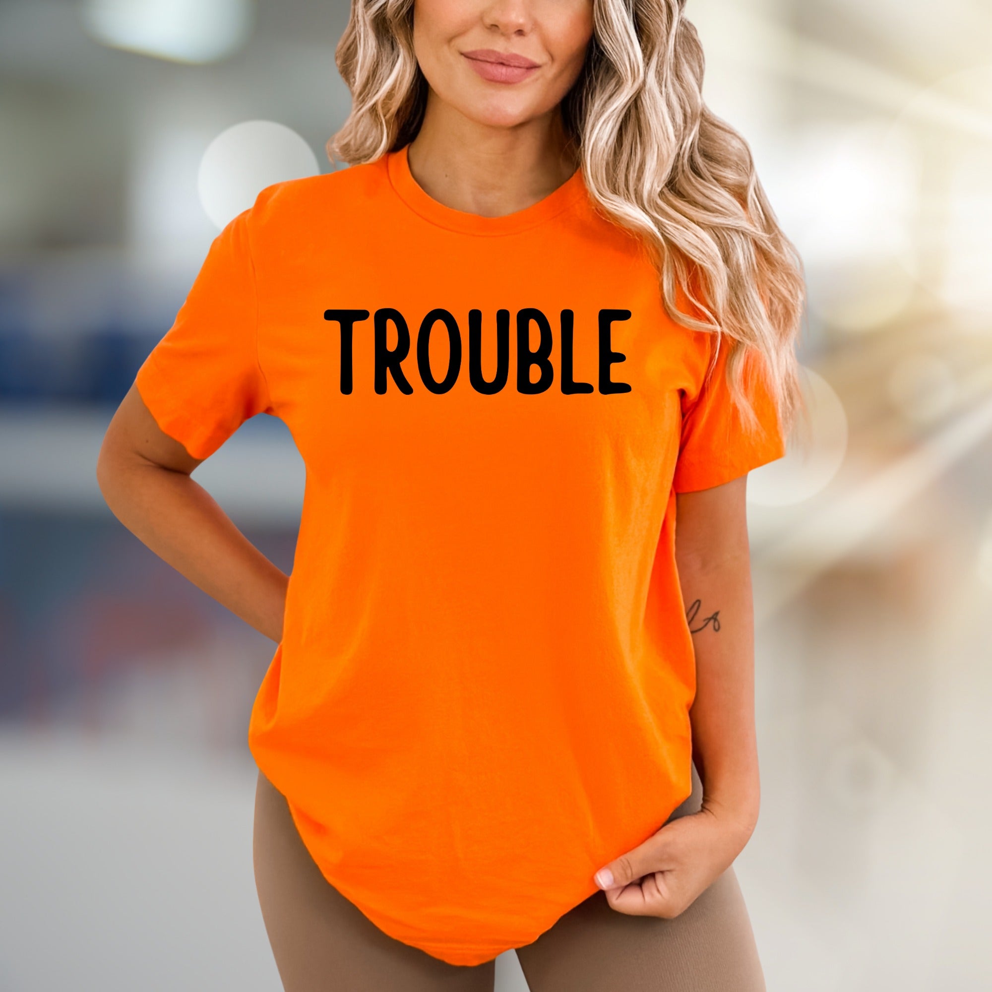 "TROUBLE" Bold Statement Graphic Tee, a Playful Pick for the Confident