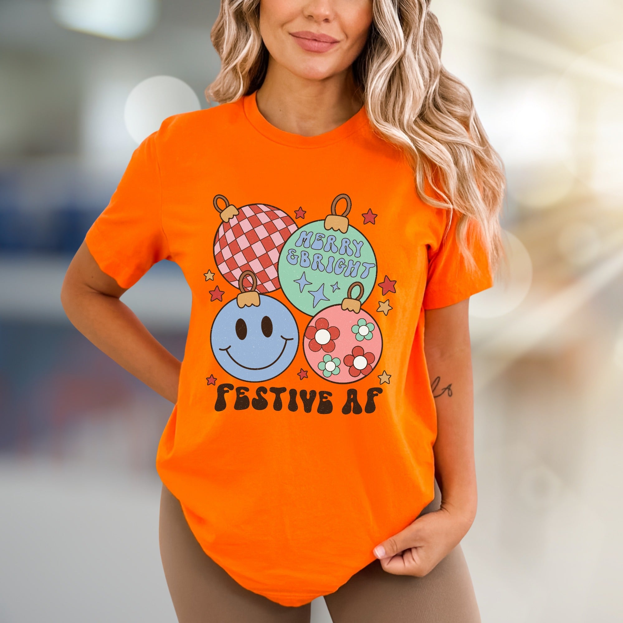 "Festive AF" Retro Holiday Ornaments Tee, a Groovy Christmas Pick for Everyone