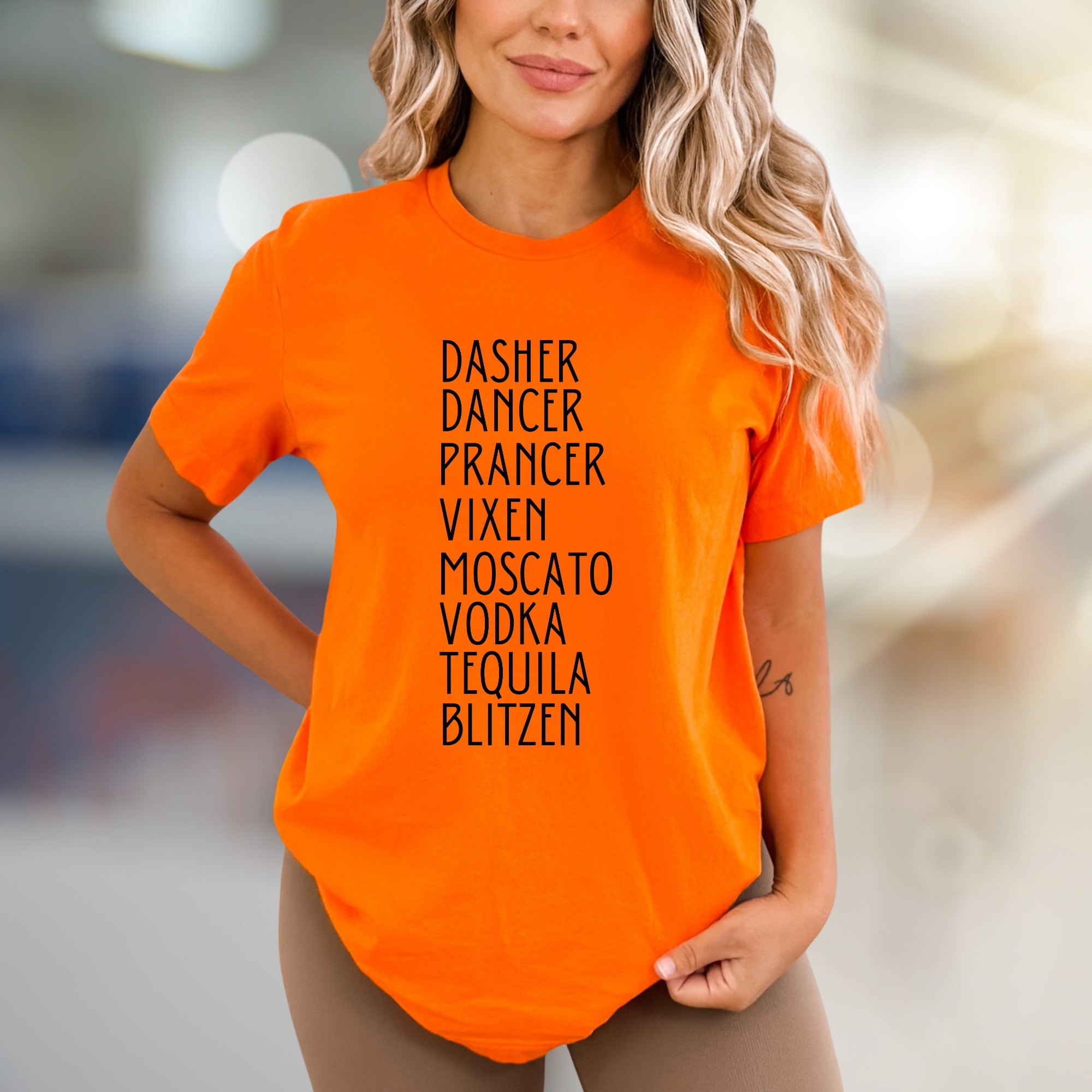 "Dasher, Dancer, Moscato & Blitzen" Christmas Party Graphic Tee, a Festive Naughty & Nice Pick for Holiday Enthusiasts