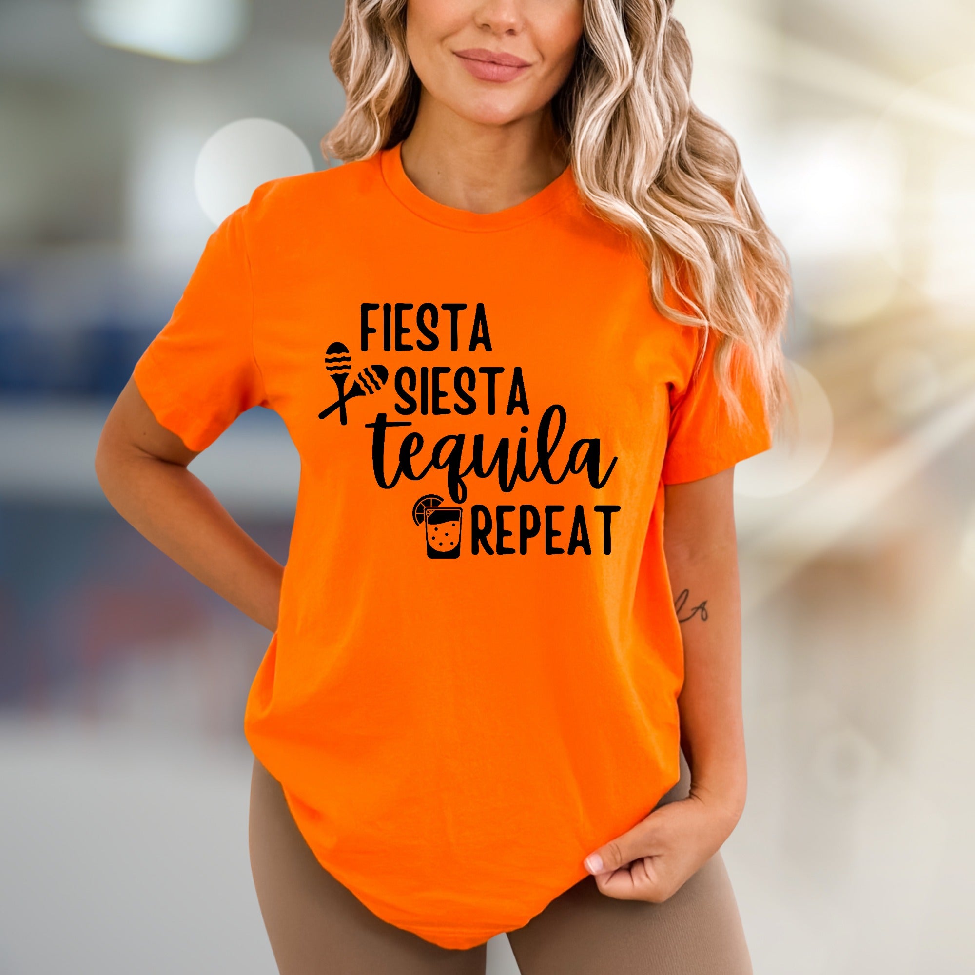 "FIESTA SIESTA TEQUILA REPEAT" Party Vibes Graphic Tee, a Fun Pick for Celebrators