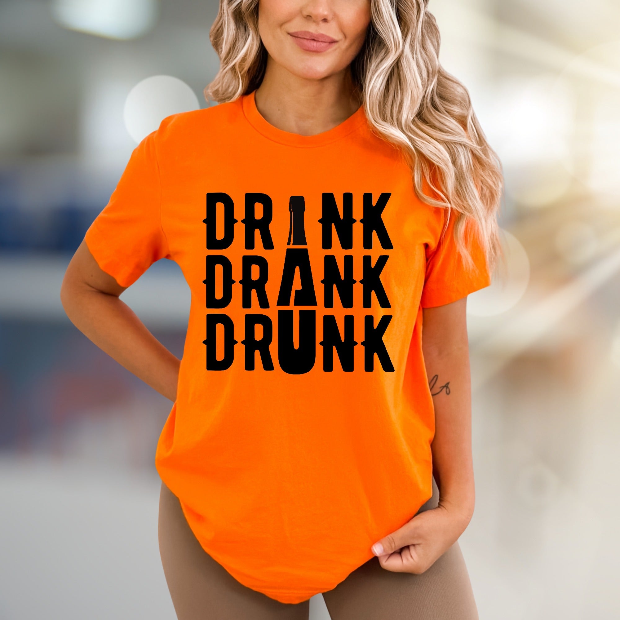 "DRINK DRANK DRUNK" Bar Night Graphic Tee, a Funny Party Pick for Revelers