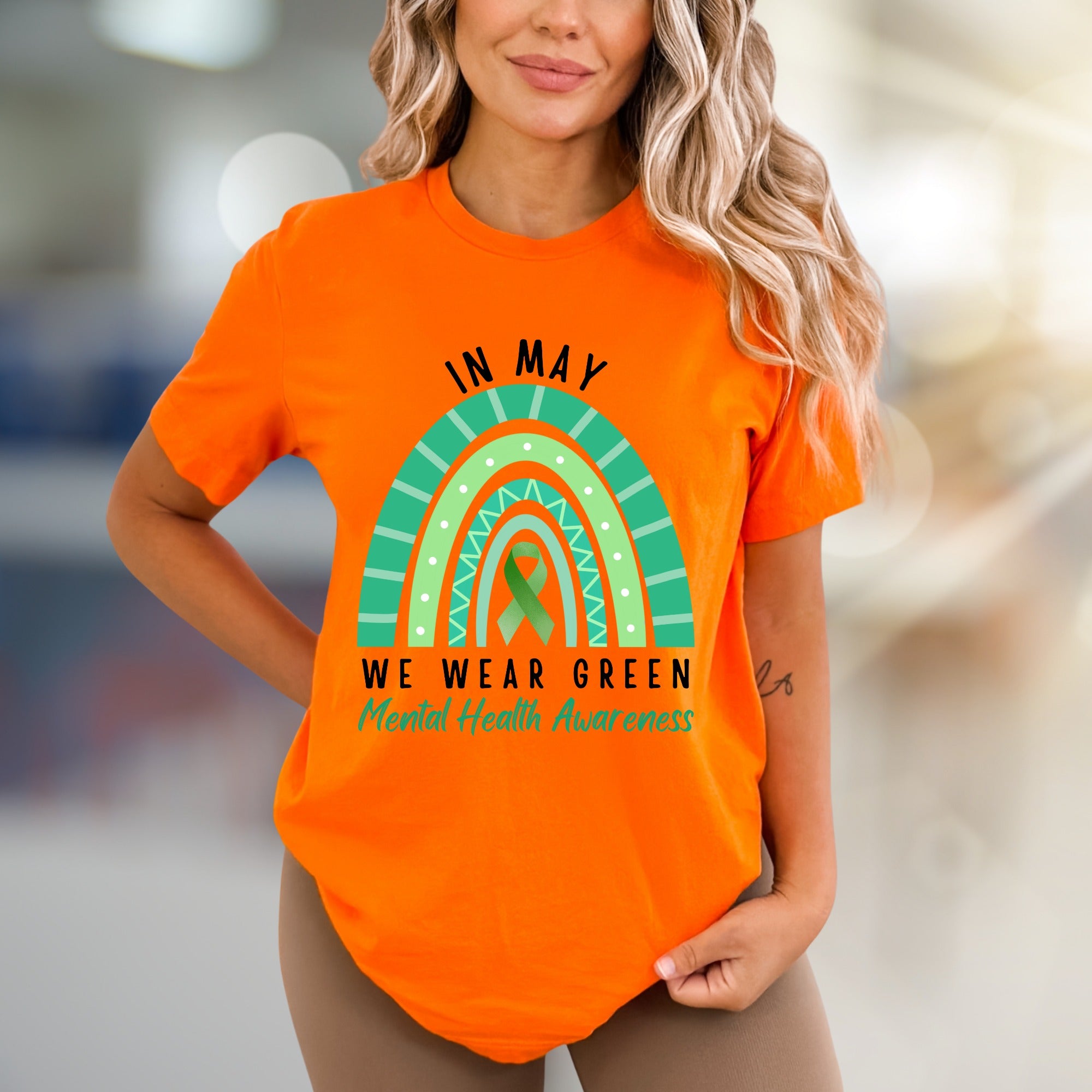"IN MAY WE WEAR GREEN" Mental Health Awareness Rainbow Graphic Tee, a Supportive Expression for Advocates