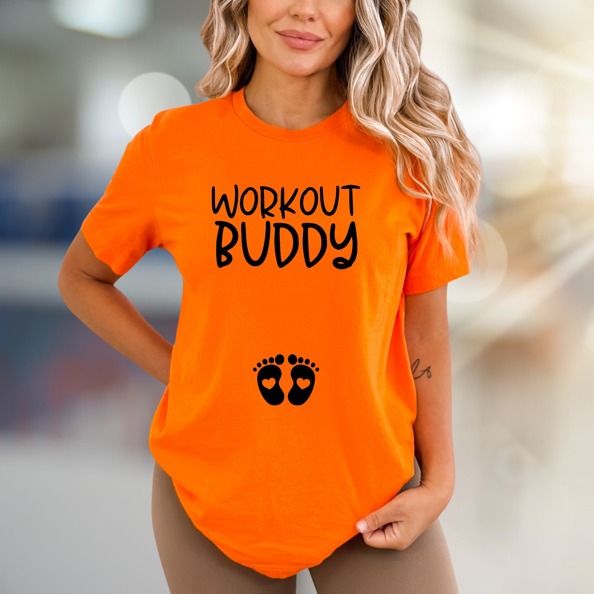 "Workout Buddy" Maternity Graphic Tee, a Pregnancy-Fit Pick for Expecting Moms