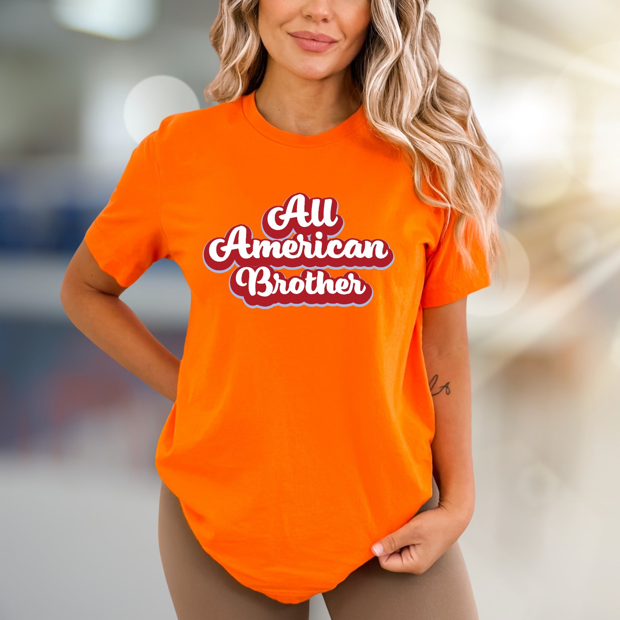 "All American Brother" Retro Script Graphic Tee, a Patriotic Pick for Family
