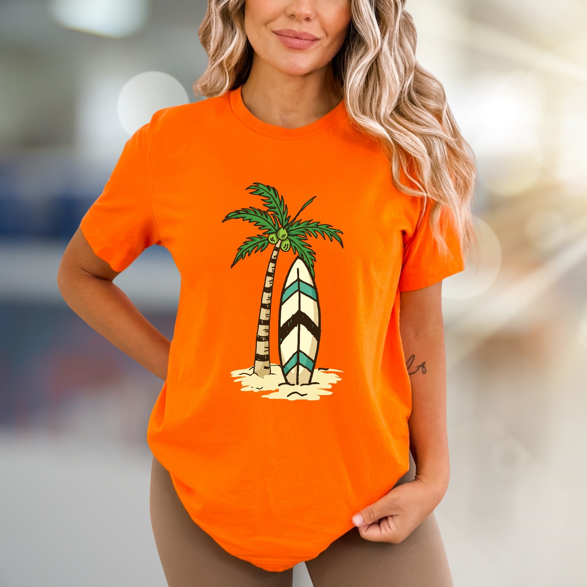 Palm Tree Surfboard Island Zen Graphic Tee, A Tropical Escape for Beach Lovers