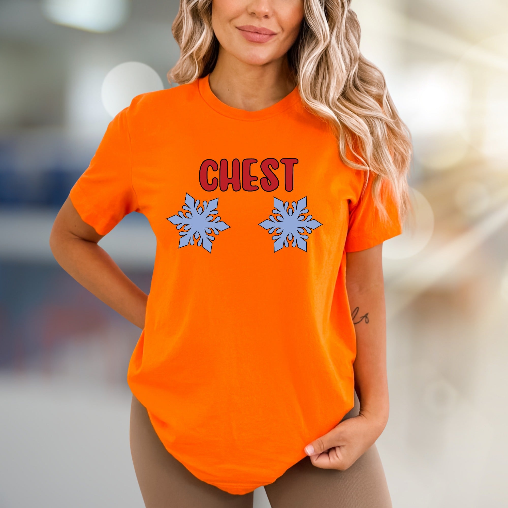 "CHEST" Snowy Snowflake Graphic Tee, a Witty Winter Pick for Fun-Lovers