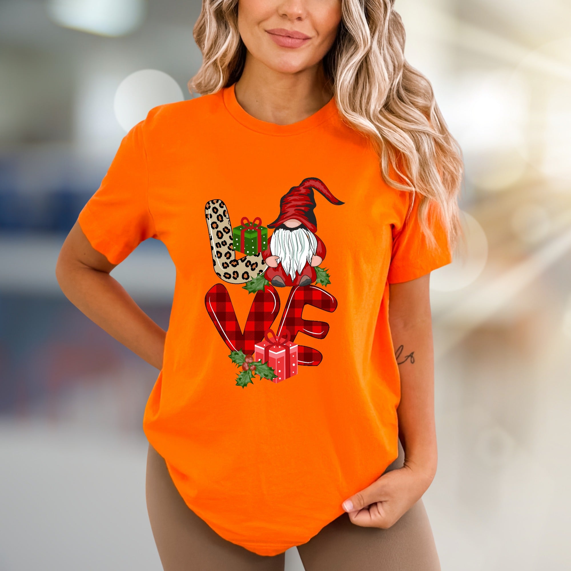 "LOVE" Gnome Leopard Plaid Graphic Tee, a Festive Holiday Gift for Her