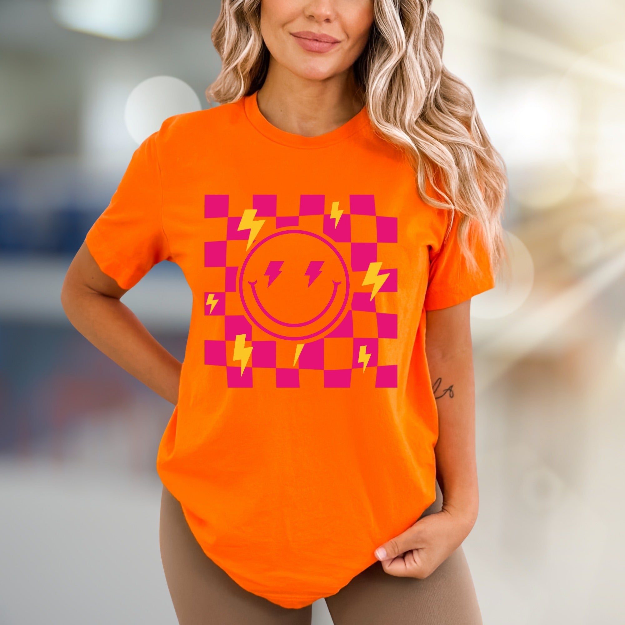Neon Checkerboard Lightning Smiley Face Graphic Tee, a Bold Y2K Pick for Trendsetters