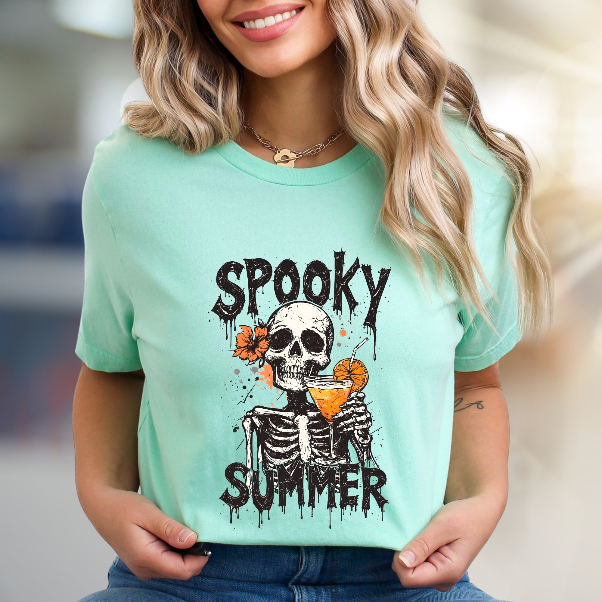 "Spooky Summer" Skeleton Cocktail Graphic Tee, a Gothic Beach Pick for Dark Humor Enthusiasts