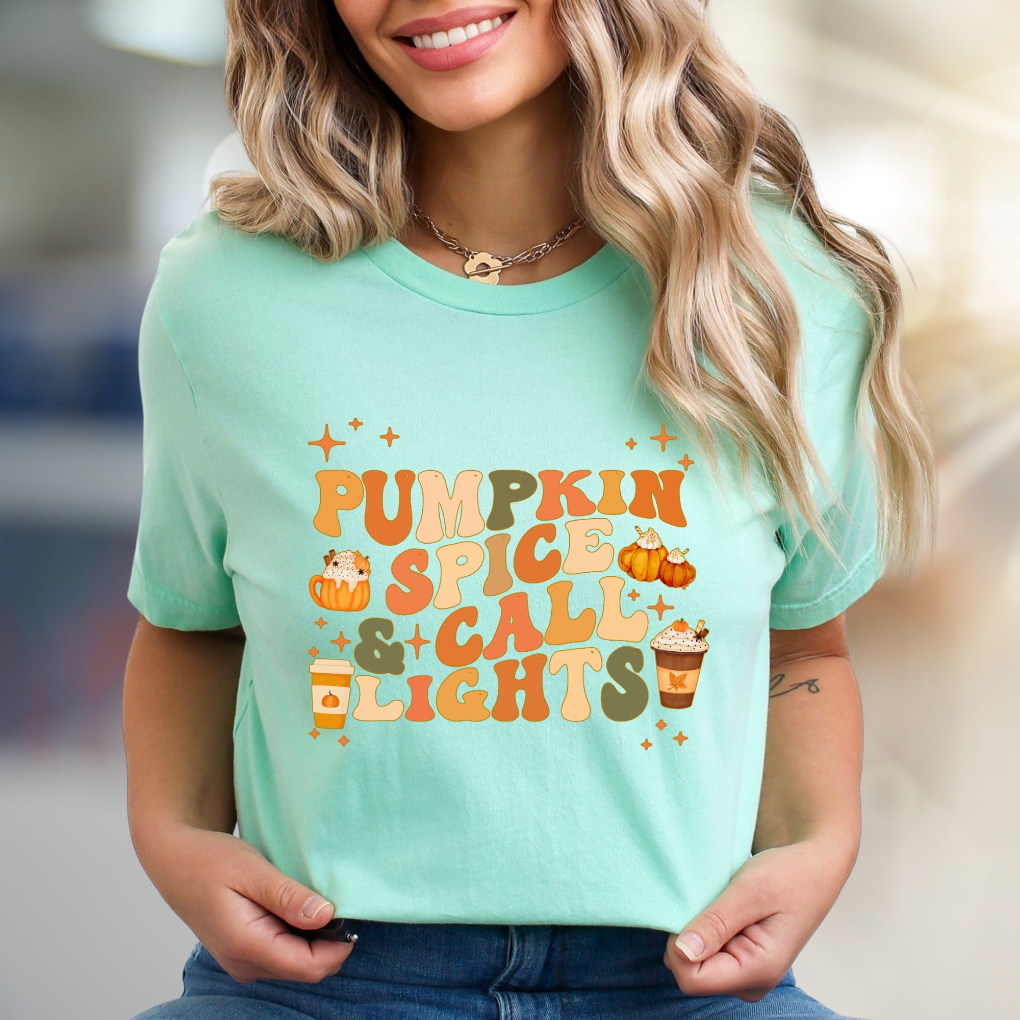 "Pumpkin Spice & Call Lights" Retro Fall Graphic Tee, a Seasonal Comfort Pick for Autumn Lovers