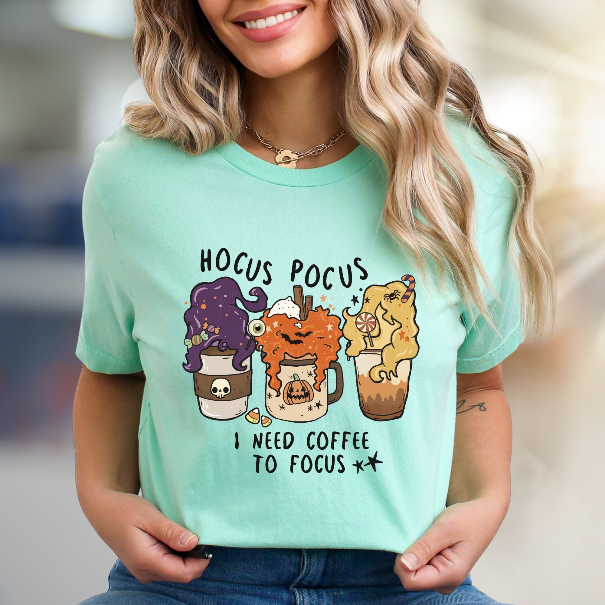"Hocus Pocus I Need Coffee to Focus" Halloween Coffee Graphic Tee, a Spooky Funny Pick for Caffeine Lovers