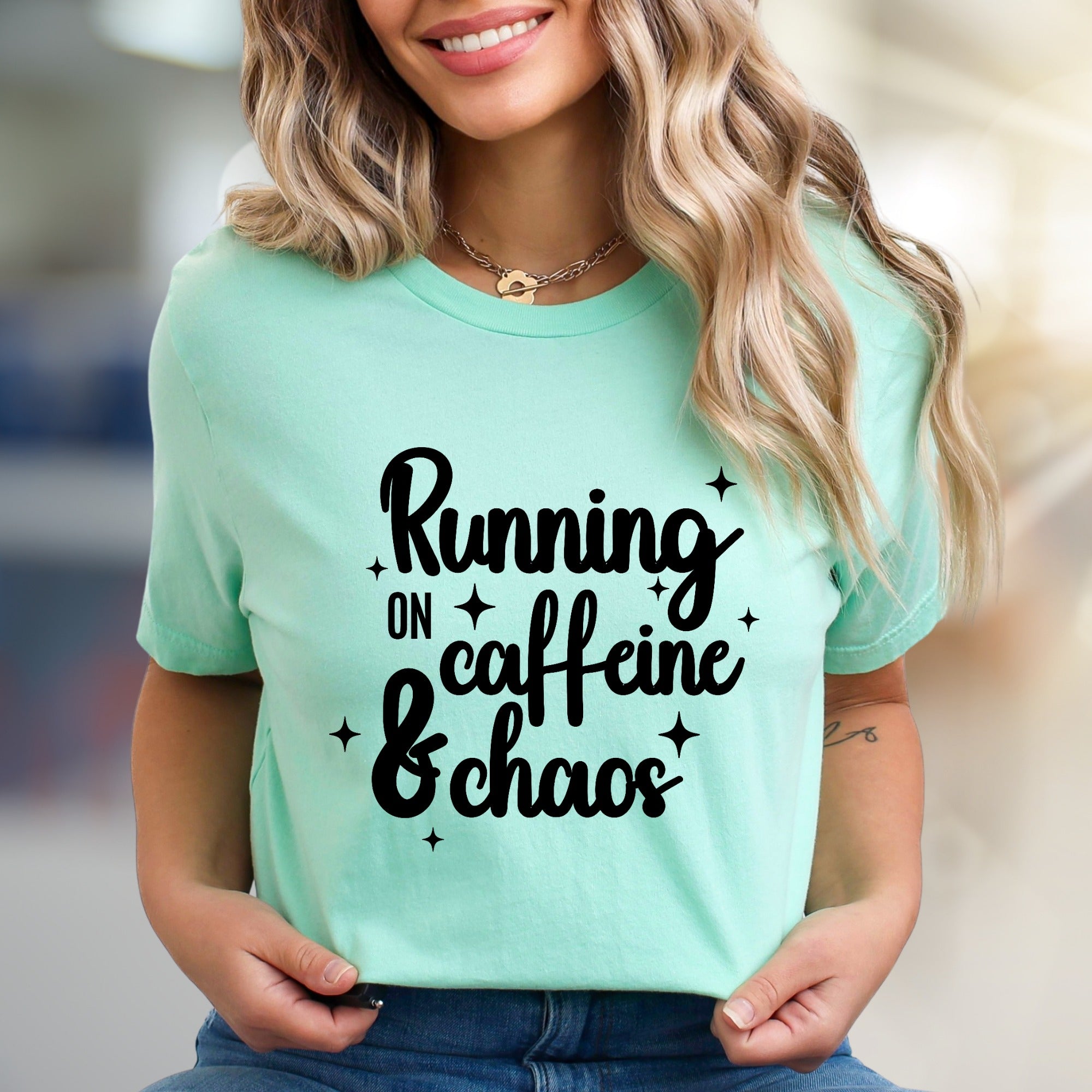 "Running on Caffeine & Chaos" Graphic Tee, a Witty Pick for Coffee Lovers
