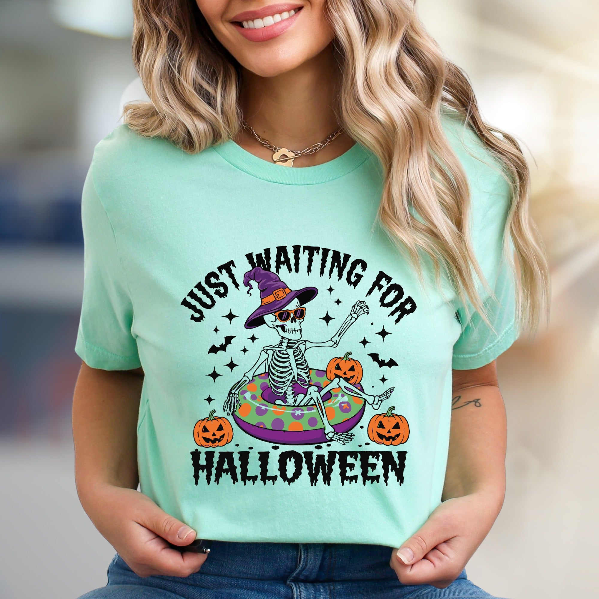 "JUST WAITING FOR HALLOWEEN" Spooky Skeleton Graphic Tee, a Funny Holiday Pick for Spooky Season Lovers