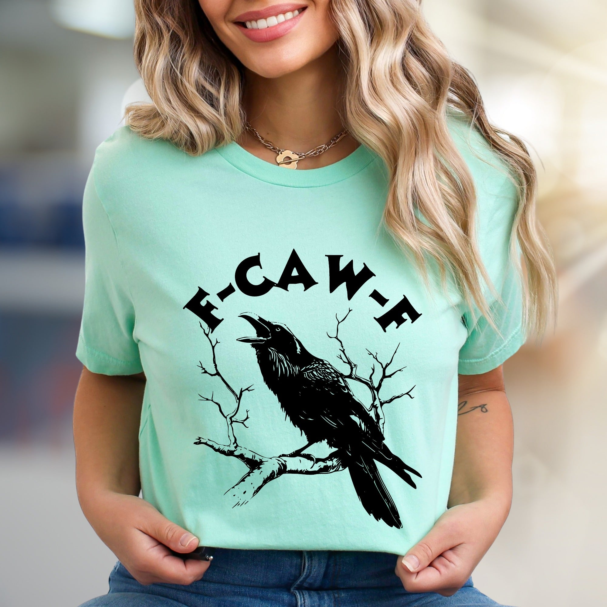 “F-CAW-F” Crow on Branch Graphic Tee, a Spooky Chic Pick for Dark Academics