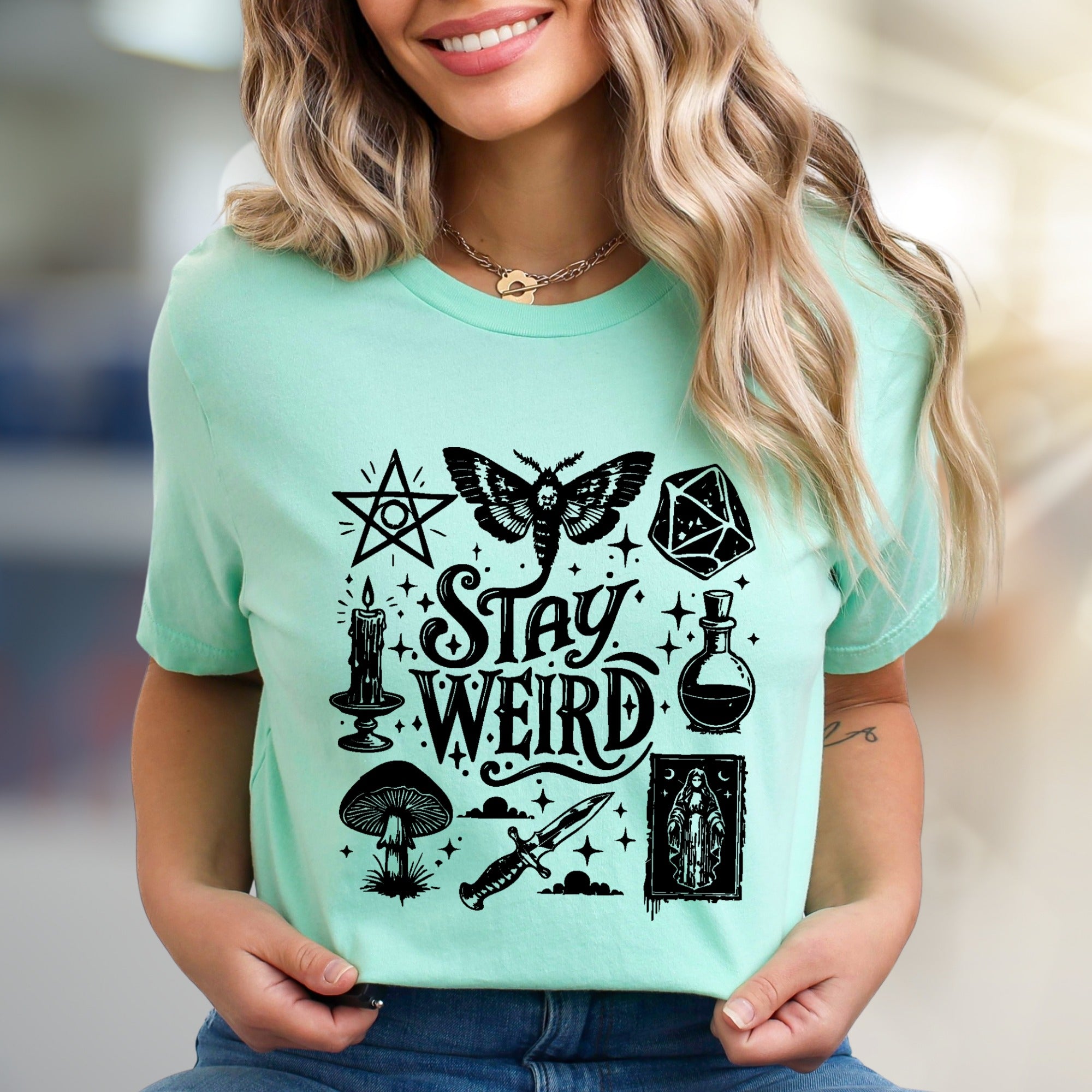 "Stay Weird" Occult Graphic Tee, a Mystical Pick for Unique Souls