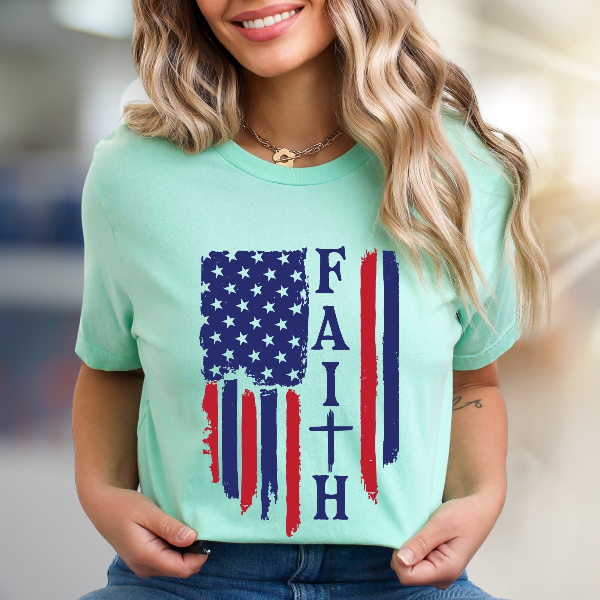 "FAITH" American Flag Graphic Tee, a Patriotic Expression for Believers