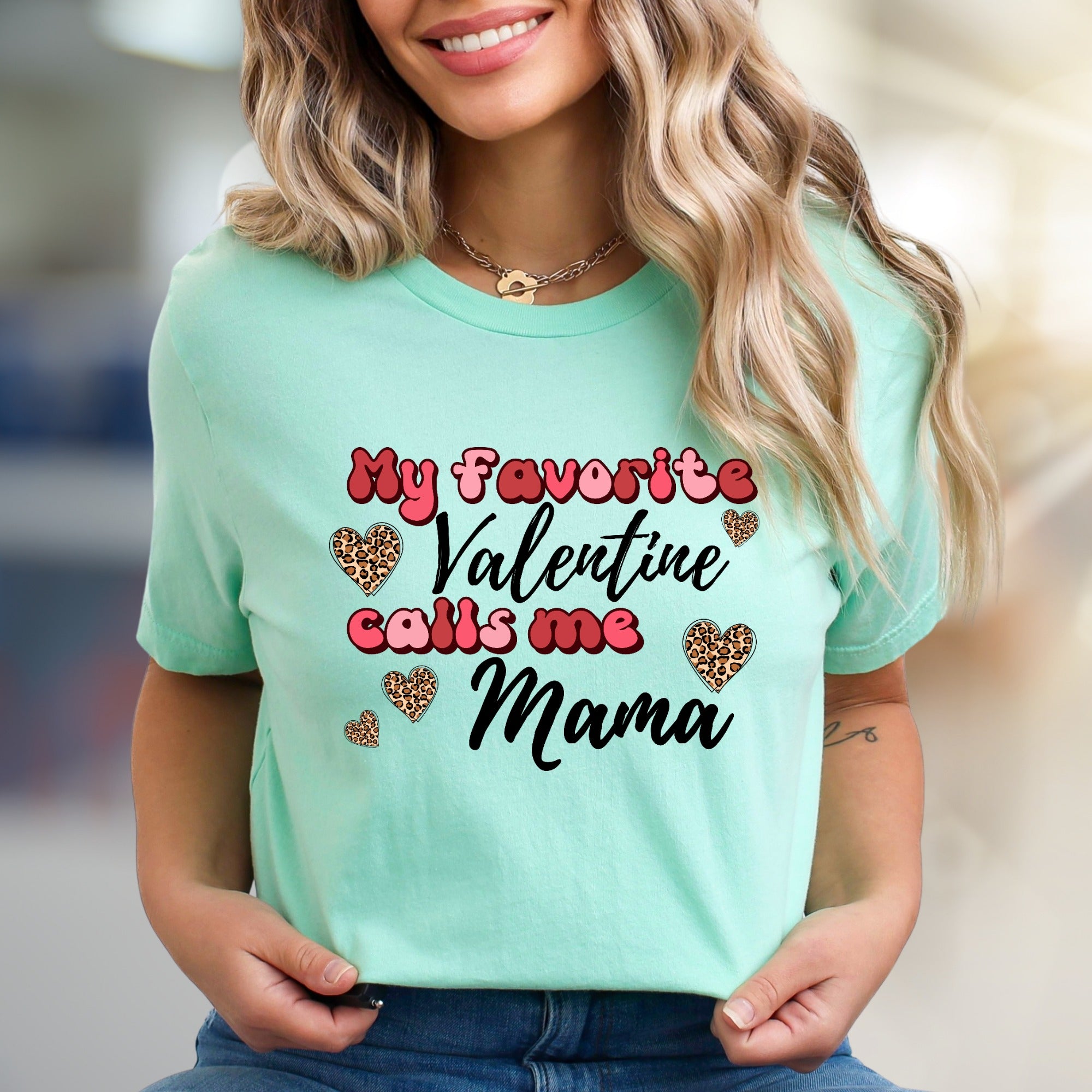 "My Favorite Valentine Calls Me Mama" Leopard Hearts Graphic Tee, a Sweet Gift for Moms