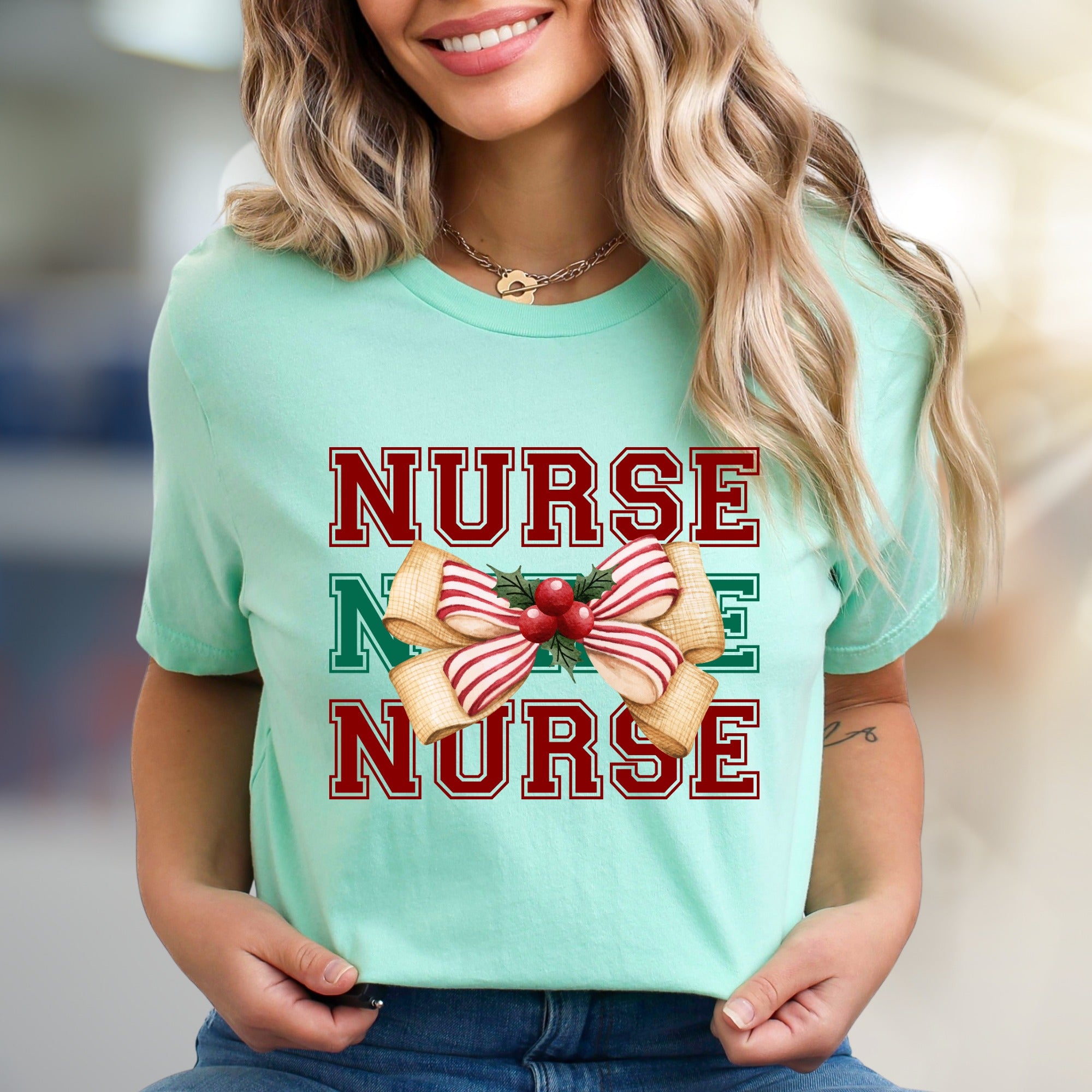 "Nurse" Holiday Bow Graphic Tee, a Festive Appreciation for Caregivers