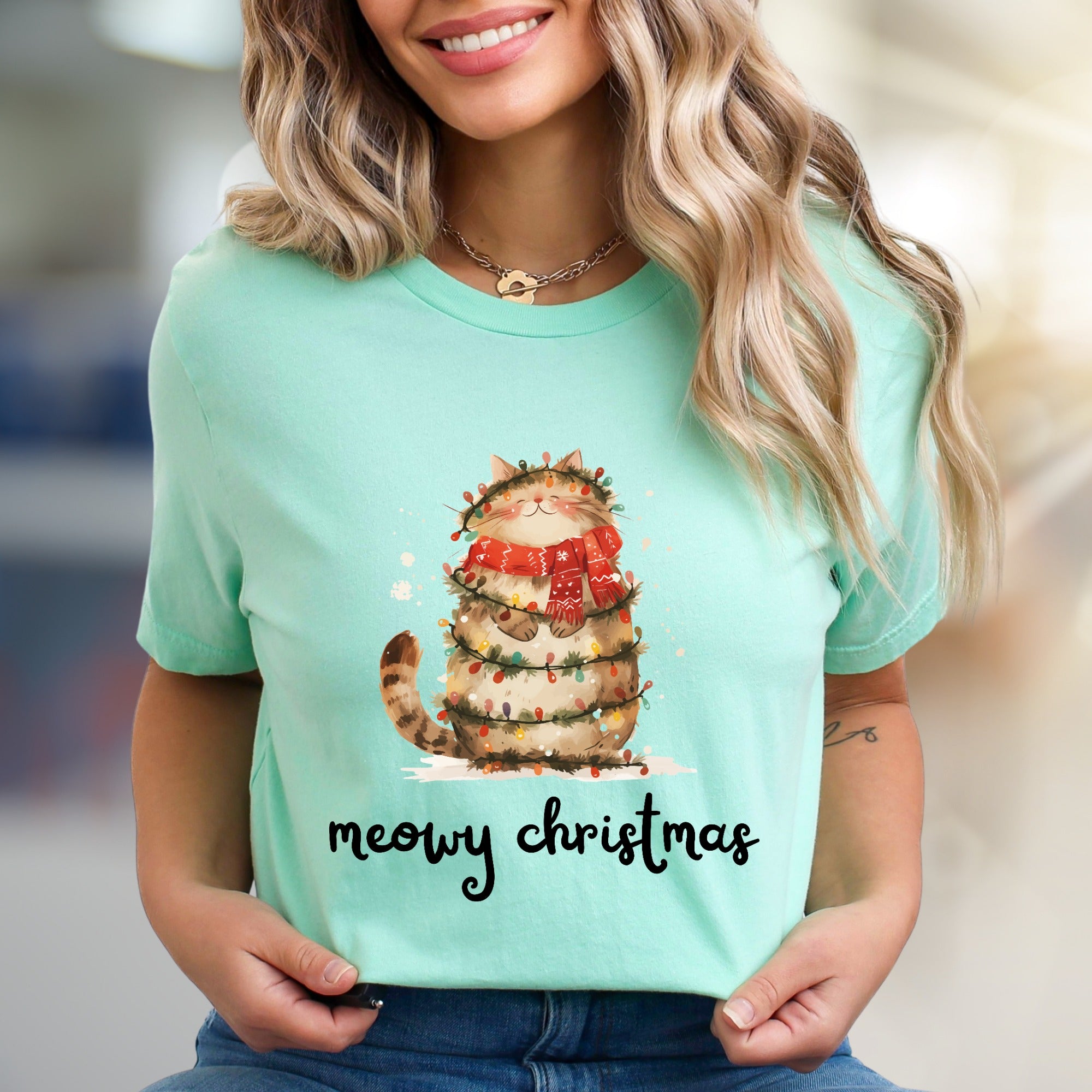 "Meowy Christmas" Cute Cat Graphic Tee, a Festive Pet Lover's Pick for the Holidays