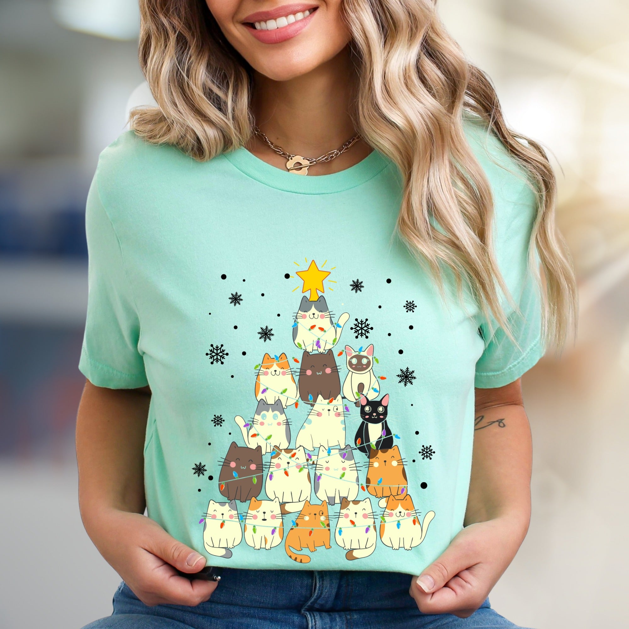 Charming Cat Christmas Tree Graphic Tee, A Cozy Holiday Pick for Pet Lovers
