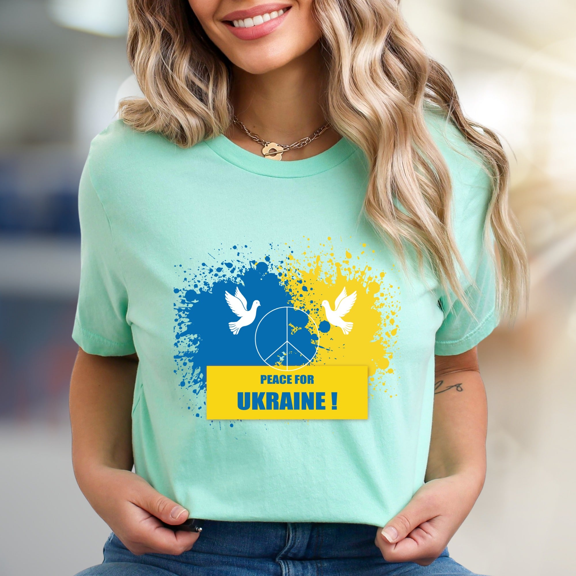 "Peace for Ukraine!" Splatter Peace Tee, a Statement Piece for Advocates